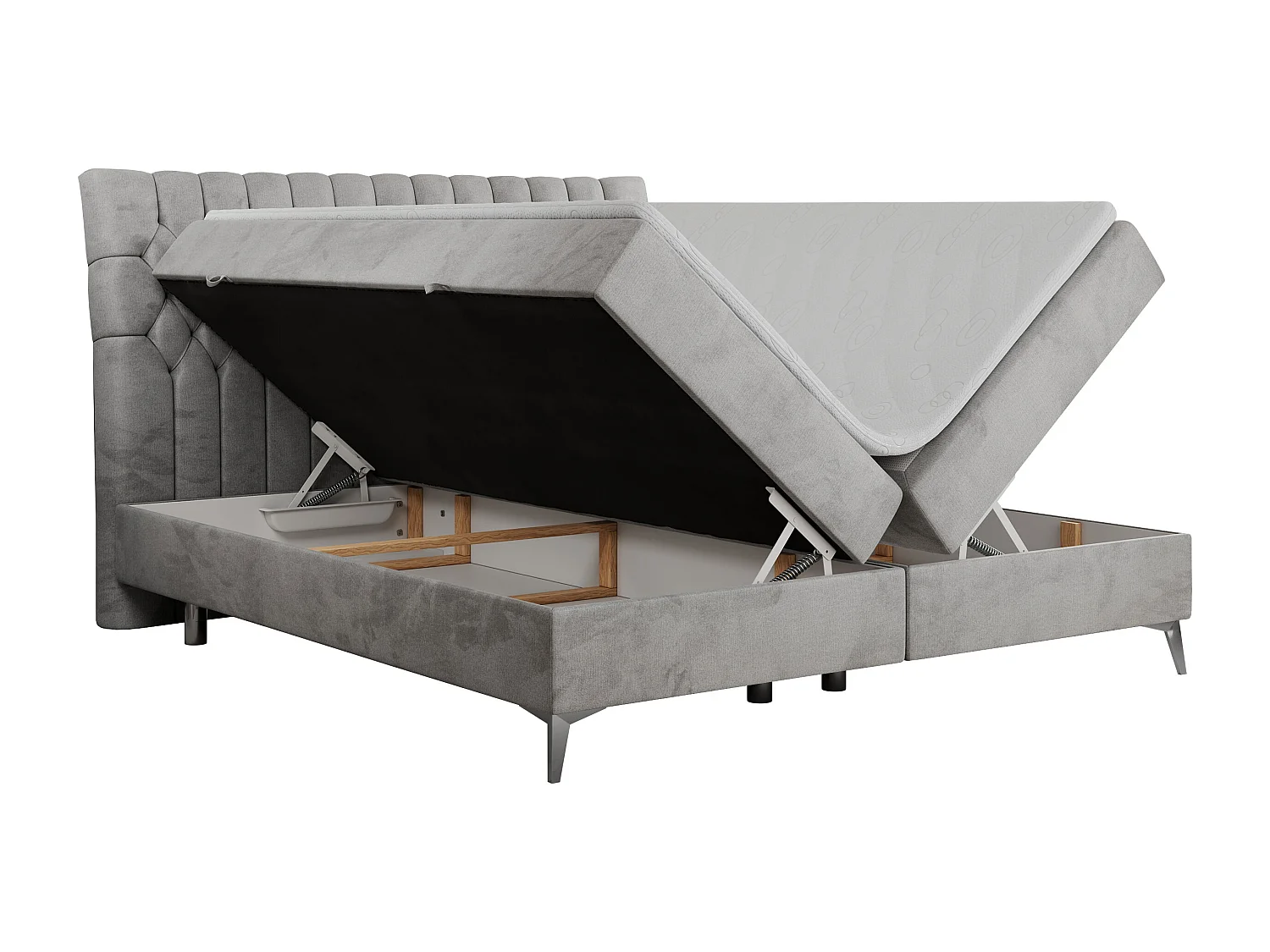 Boxspringbett MILEN - gepolstertes Schlafzimmerbett, zwei Multipocket-Matratze, dekorative hohe Beine - 160x200 cm - H3 - Hellgrau Velvet