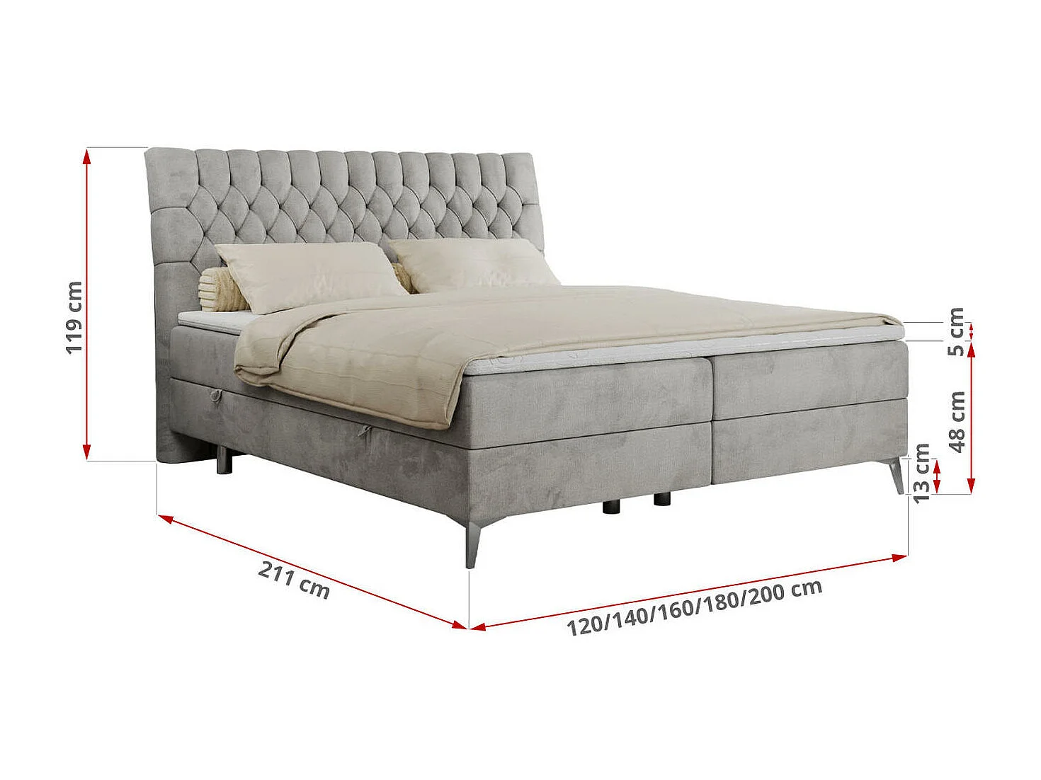 Boxspringbett MILEN - gepolstertes Schlafzimmerbett, zwei Multipocket-Matratze, dekorative hohe Beine - 160x200 cm - H3 - Hellgrau Velvet