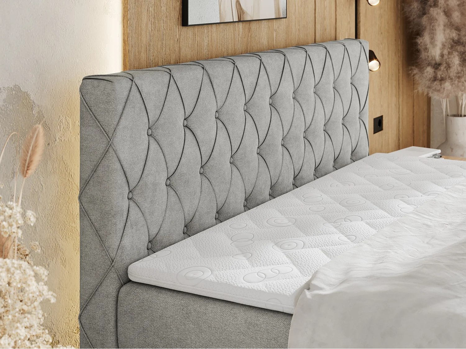 Boxspringbett MIREN KING DUO - für Schlafzimmer mit zwei Multipocket-Matratzen und Topper, gestepptes Kopfteil und Front  - 200x200 cm - H3 - Hellgrau Strukture