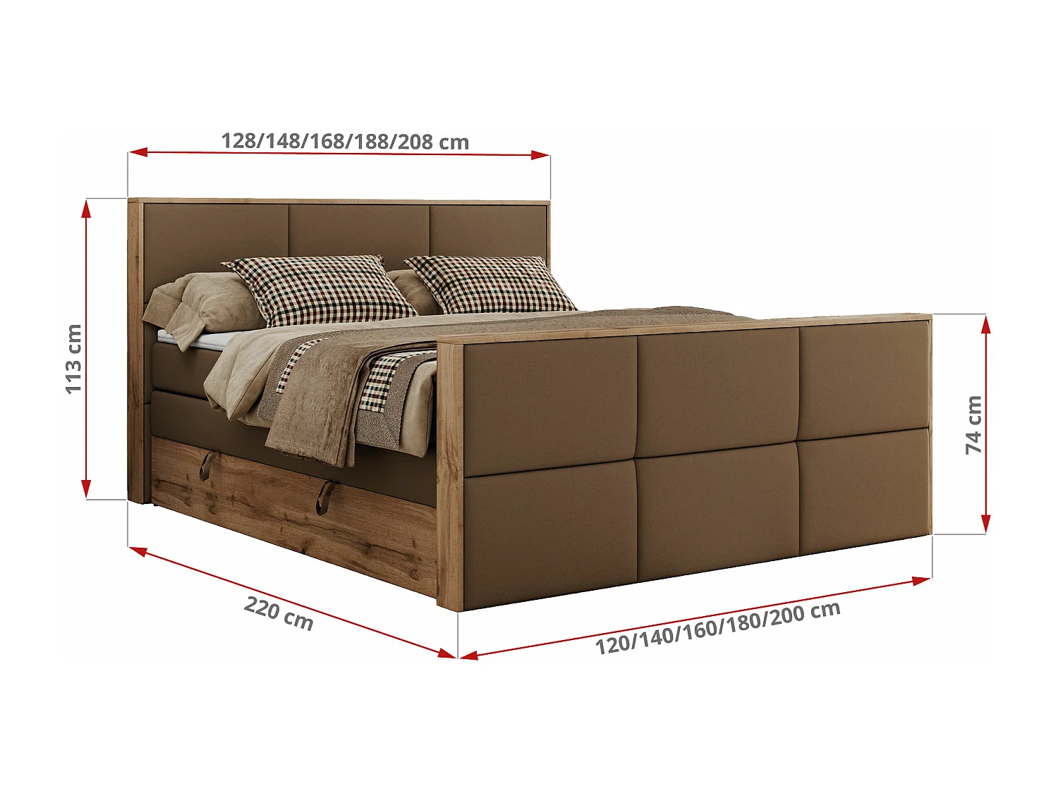 Boxspringbett ALBERO 2 KING DUO - Eiche Wotan Holzrahmen, zwei Multipocket-Matratzen, Bettkästen - 160x200 cm - H4 - Braun Kunstleder