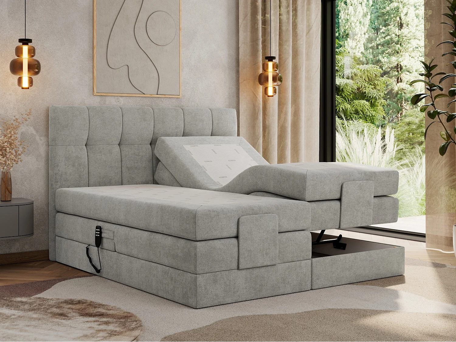 Boxspringbett VITTORIA - mit gestepptem Kopfteil, elektrischem Untergestell, Multipocket-Matratze - 200x200 cm - H4 - Hellgrau Strukture