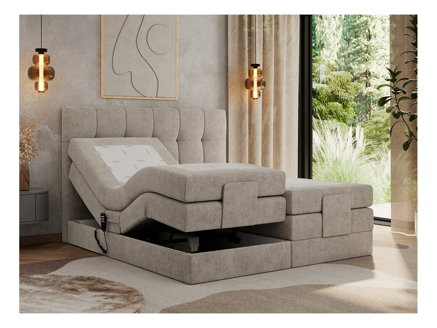 Boxspringbett VITTORIA - mit gestepptem Kopfteil, elektrischem Untergestell, Multipocket-Matratze - 200x200 cm - H3 - Beige Strukture