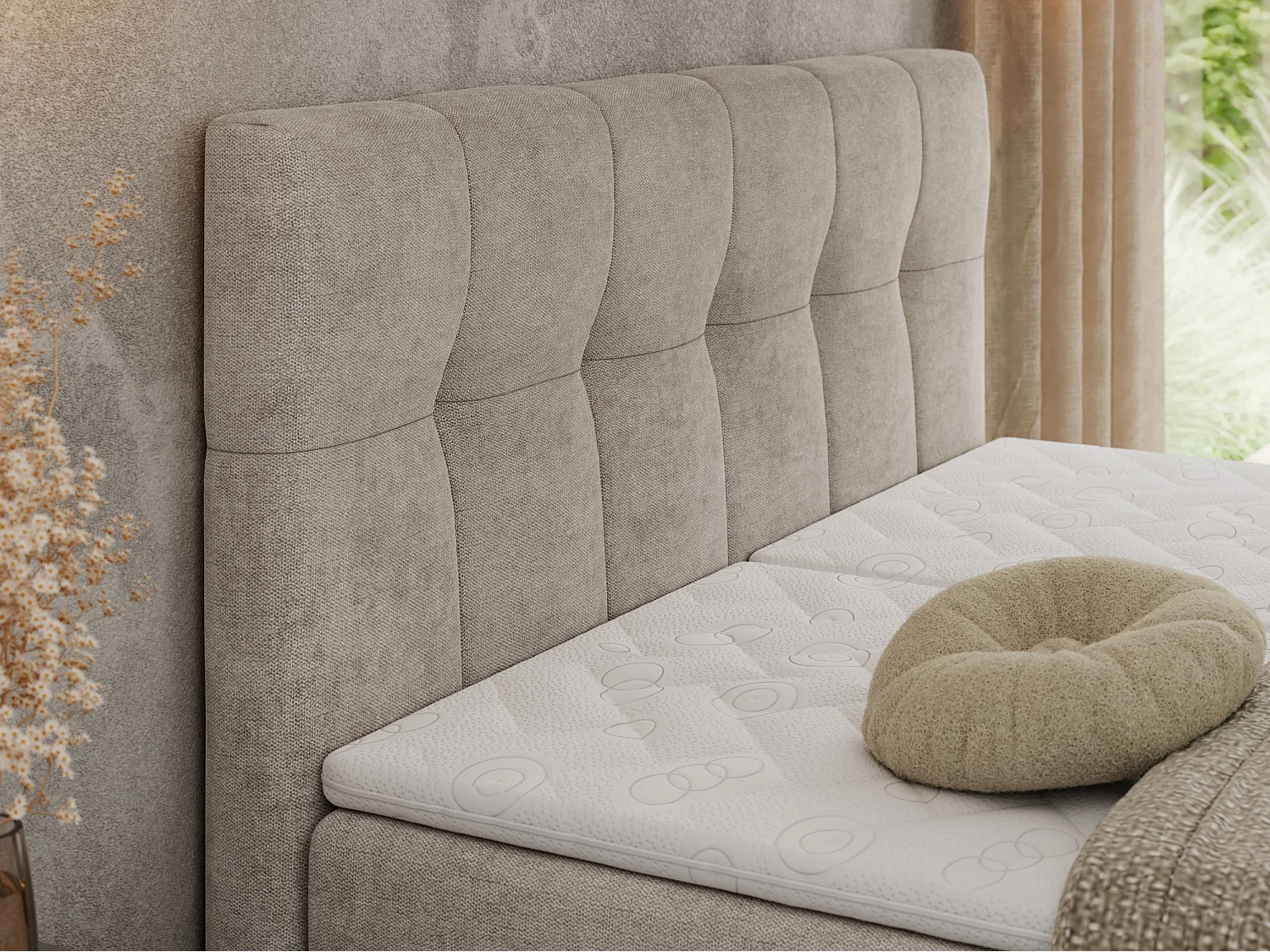 Boxspringbett VITTORIA - mit gestepptem Kopfteil, elektrischem Untergestell, Multipocket-Matratze - 200x200 cm - H3 - Beige Strukture