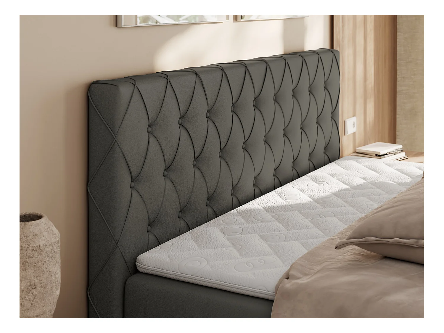 Boxspringbett MIREN DUO - mit gestepptem Kopfteil und Front, Multipocket-Matratze, zwei Bettkästen - 120x200 cm - H4 - Grau Kunstleder