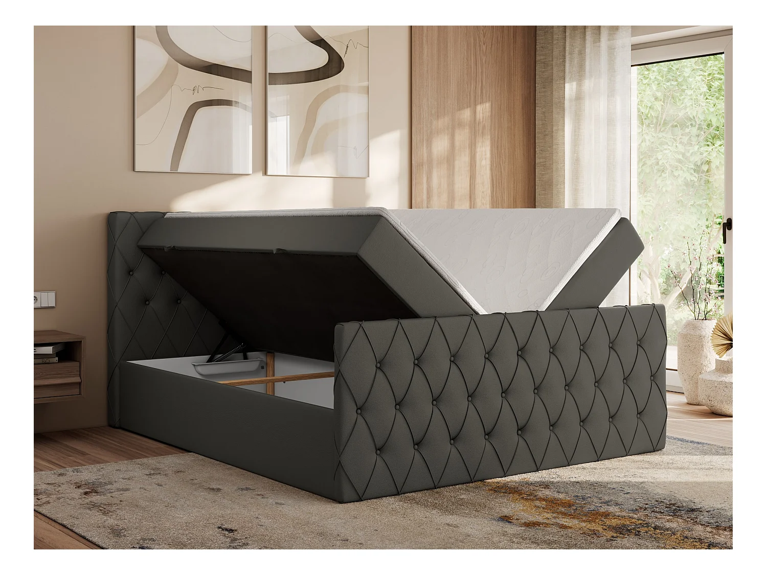 Boxspringbett MIREN DUO - mit gestepptem Kopfteil und Front, Multipocket-Matratze, zwei Bettkästen - 120x200 cm - H4 - Grau Kunstleder