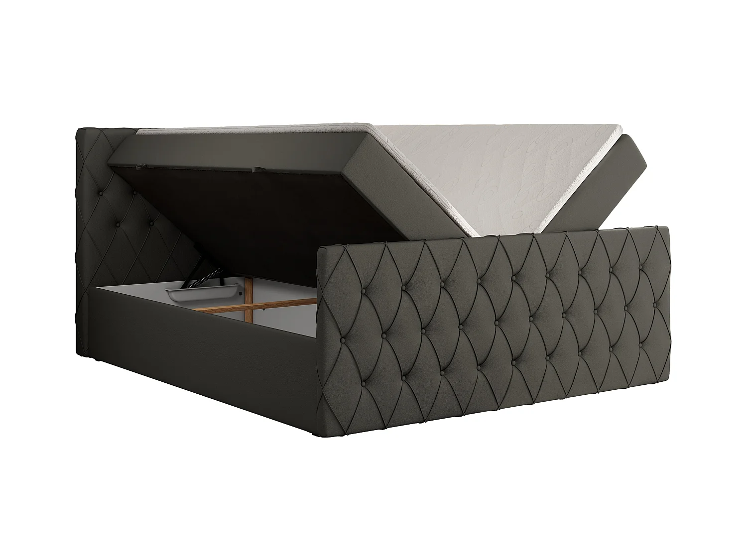Boxspringbett MIREN DUO - mit gestepptem Kopfteil und Front, Multipocket-Matratze, zwei Bettkästen - 120x200 cm - H4 - Grau Kunstleder