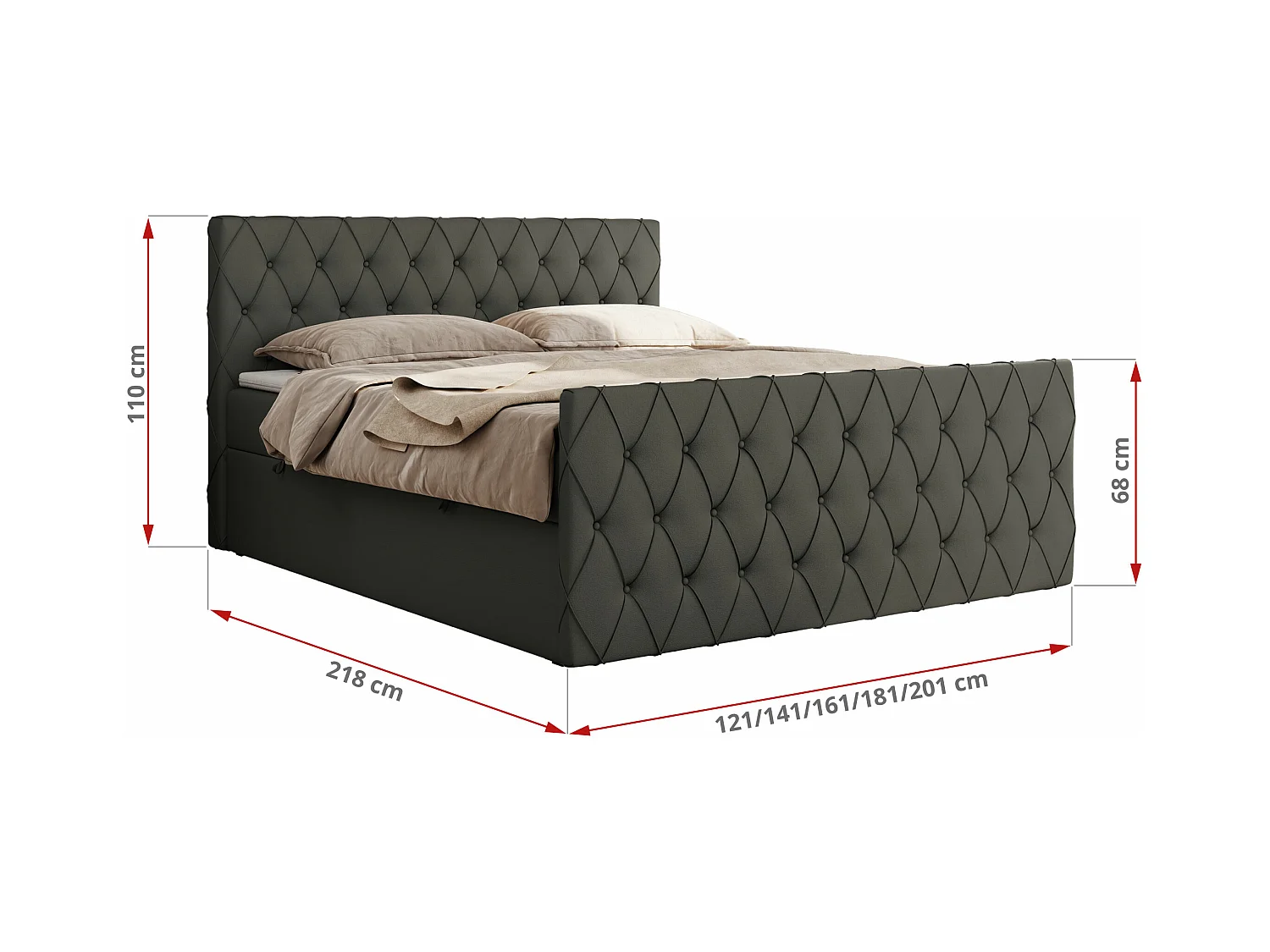 Boxspringbett MIREN DUO - mit gestepptem Kopfteil und Front, Multipocket-Matratze, zwei Bettkästen - 120x200 cm - H4 - Grau Kunstleder