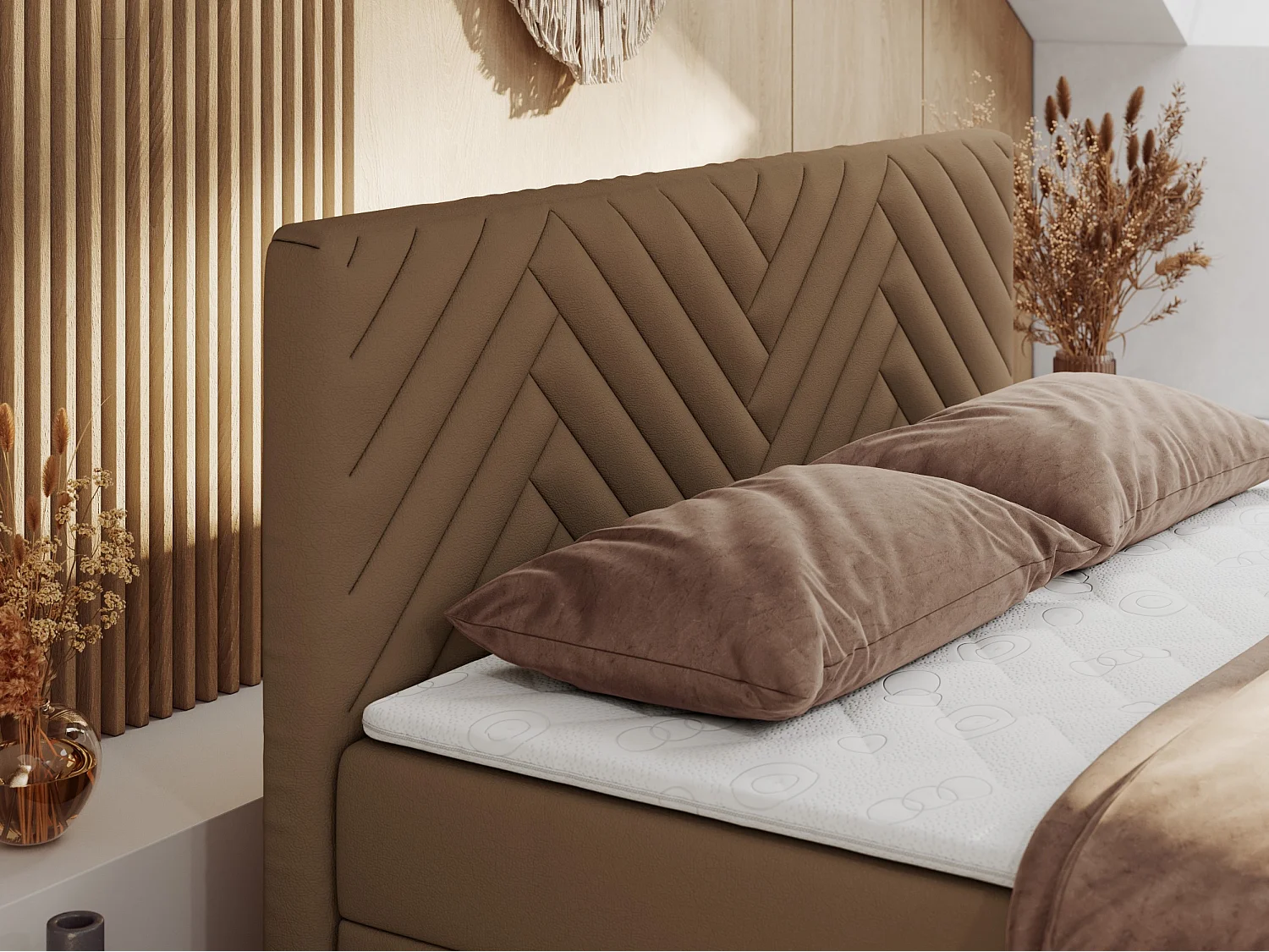 Boxspringbett PARIS DUO - Polsterbett mit genähtem Kopfteil und Frontplatte, Doppelbett, zwei Bettkästen - 140x200 cm - H4 - Braun Kunstleder