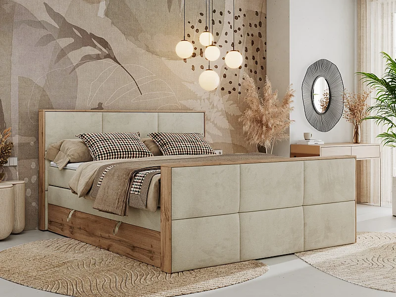 Boxspringbett ALBERO 2 KING DUO - Eiche Wotan Holzrahmen, zwei Multipocket-Matratzen, Bettkästen - 160x200 cm - H4 - Beige Velvet
