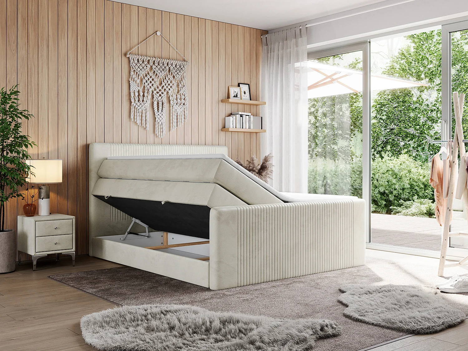 Boxspringbett DOREN KING - mit gesteppter Front und Kopfteil, zwei Multipocket-Matratzen und Topper, Doppelbett - 160x200 cm - H3 - Beige Velvet