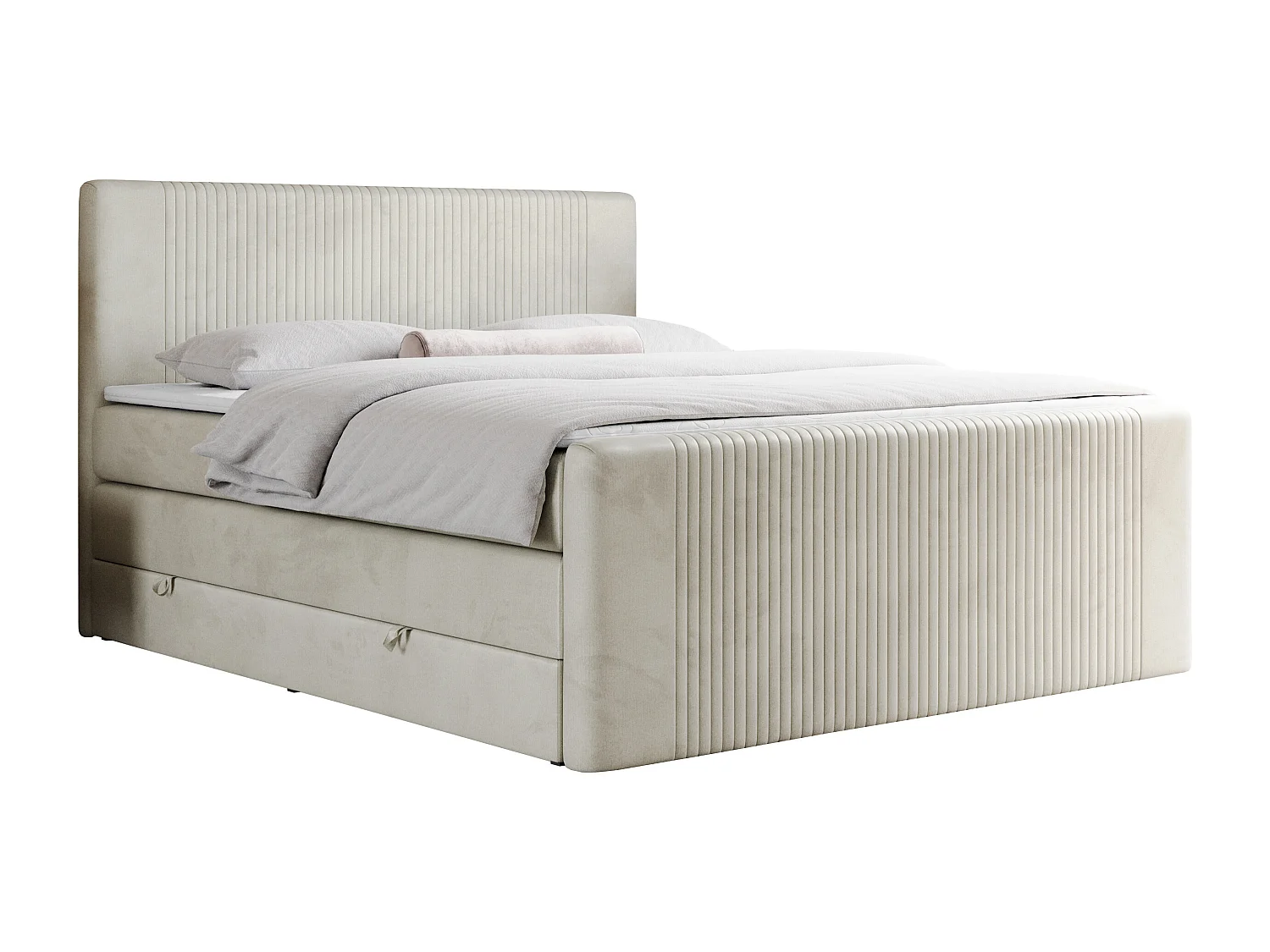 Boxspringbett DOREN KING - mit gesteppter Front und Kopfteil, zwei Multipocket-Matratzen und Topper, Doppelbett - 160x200 cm - H3 - Beige Velvet