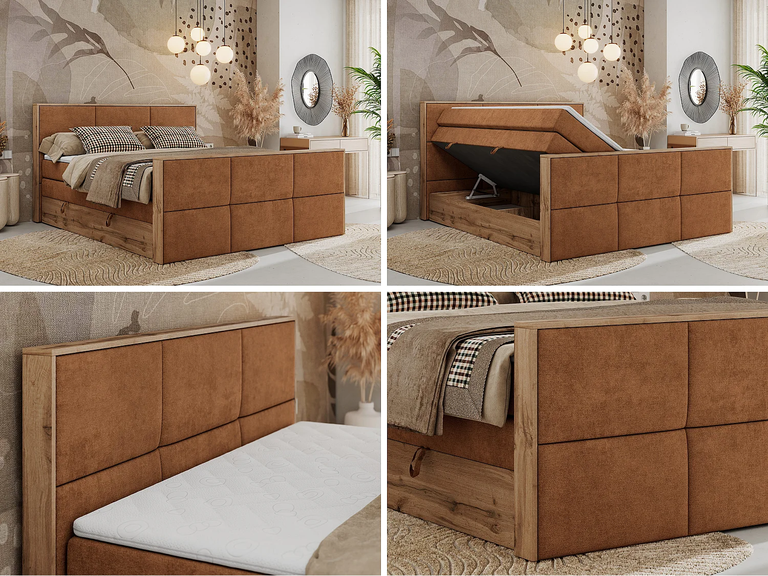 Boxspringbett ALBERO 2 KING DUO - Eiche Wotan Holzrahmen, zwei Multipocket-Matratzen, Bettkästen - 200x200 cm - H4 - Orange Strukture