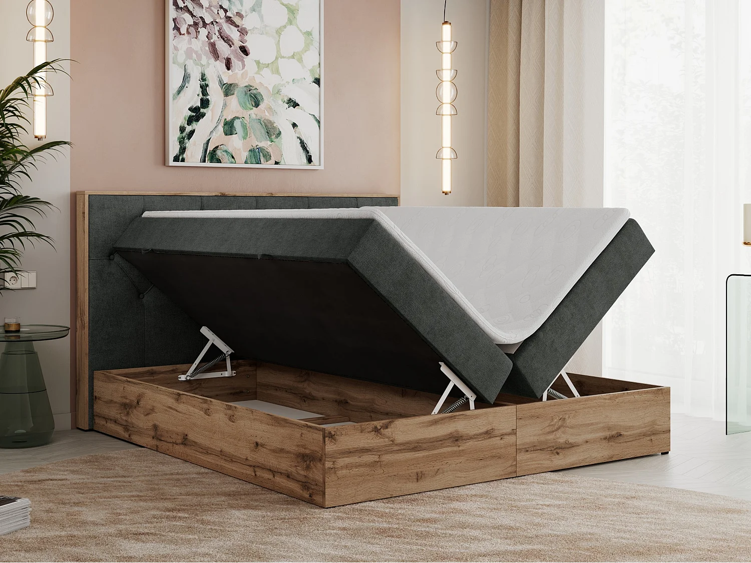 Boxspringbett VENETO - gestepptem Kopfteil, Set mit Multipocket-Matratze und Topper, Holzrahmen, zwei Bettkästen - 200x200 cm - H4 - Dunkelgrau Strukture