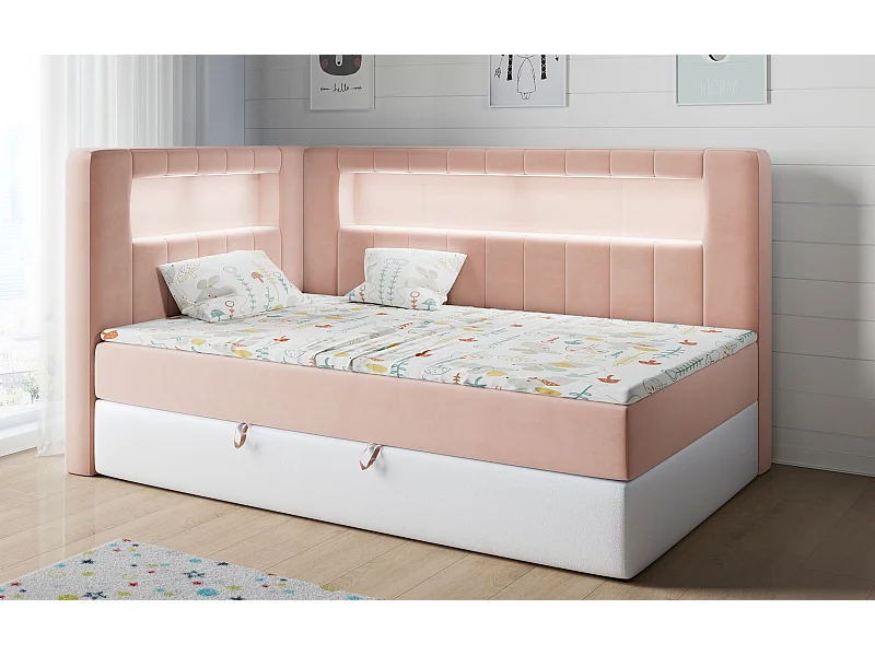 Kinderbett JUNIOR GOLD 3 - Einzelbett mit Matratze, LED-Beleuchtung, Bettkasten - 90x200 cm - Links Seite