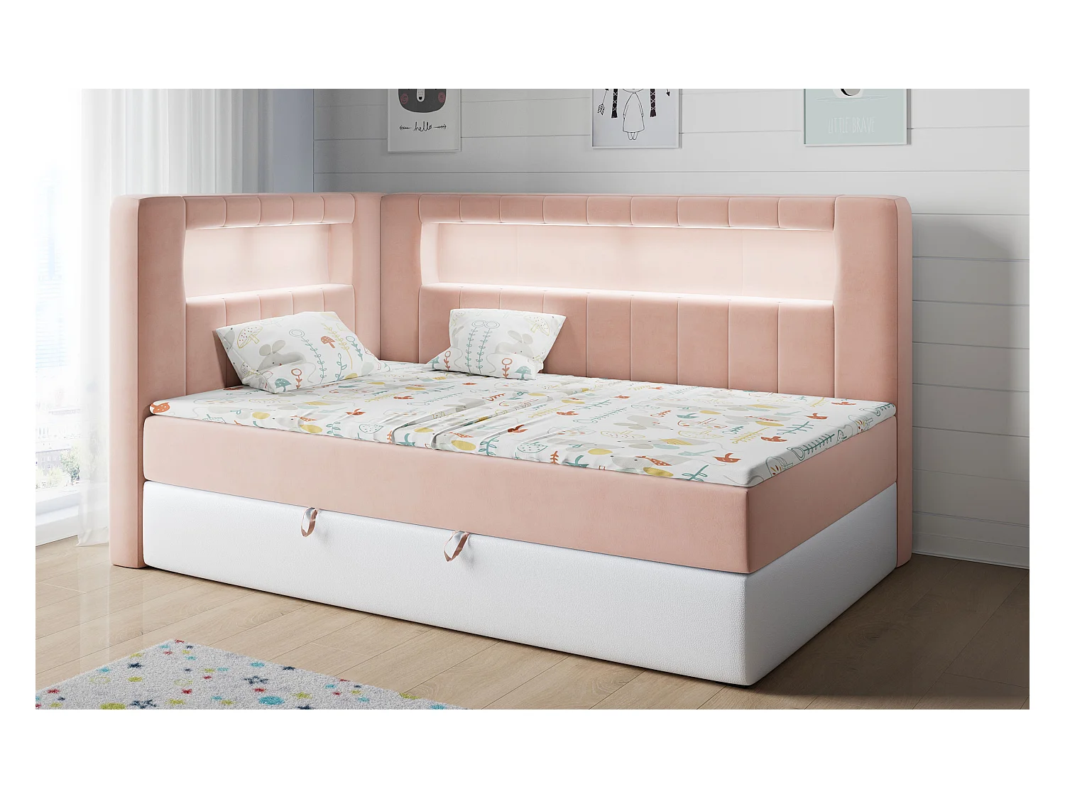 Kinderbett JUNIOR GOLD 3 - Einzelbett mit Matratze, LED-Beleuchtung, Bettkasten - 90x200 cm - Links Seite