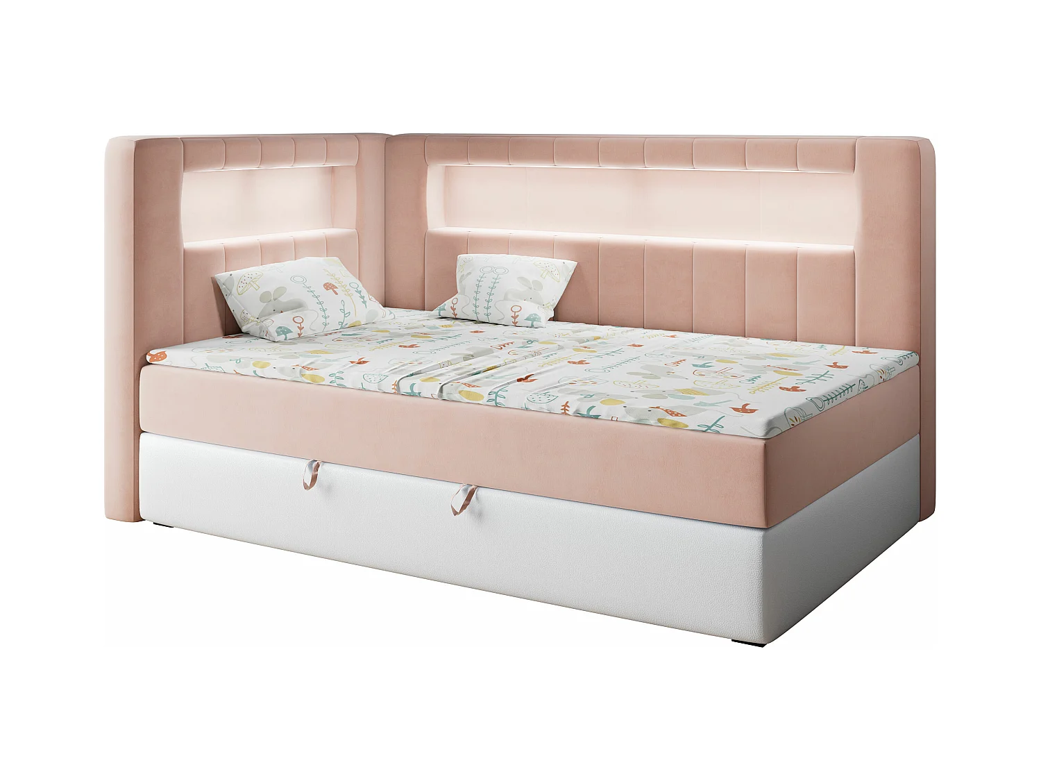 Kinderbett JUNIOR GOLD 3 - Einzelbett mit Matratze, LED-Beleuchtung, Bettkasten - 90x200 cm - Links Seite