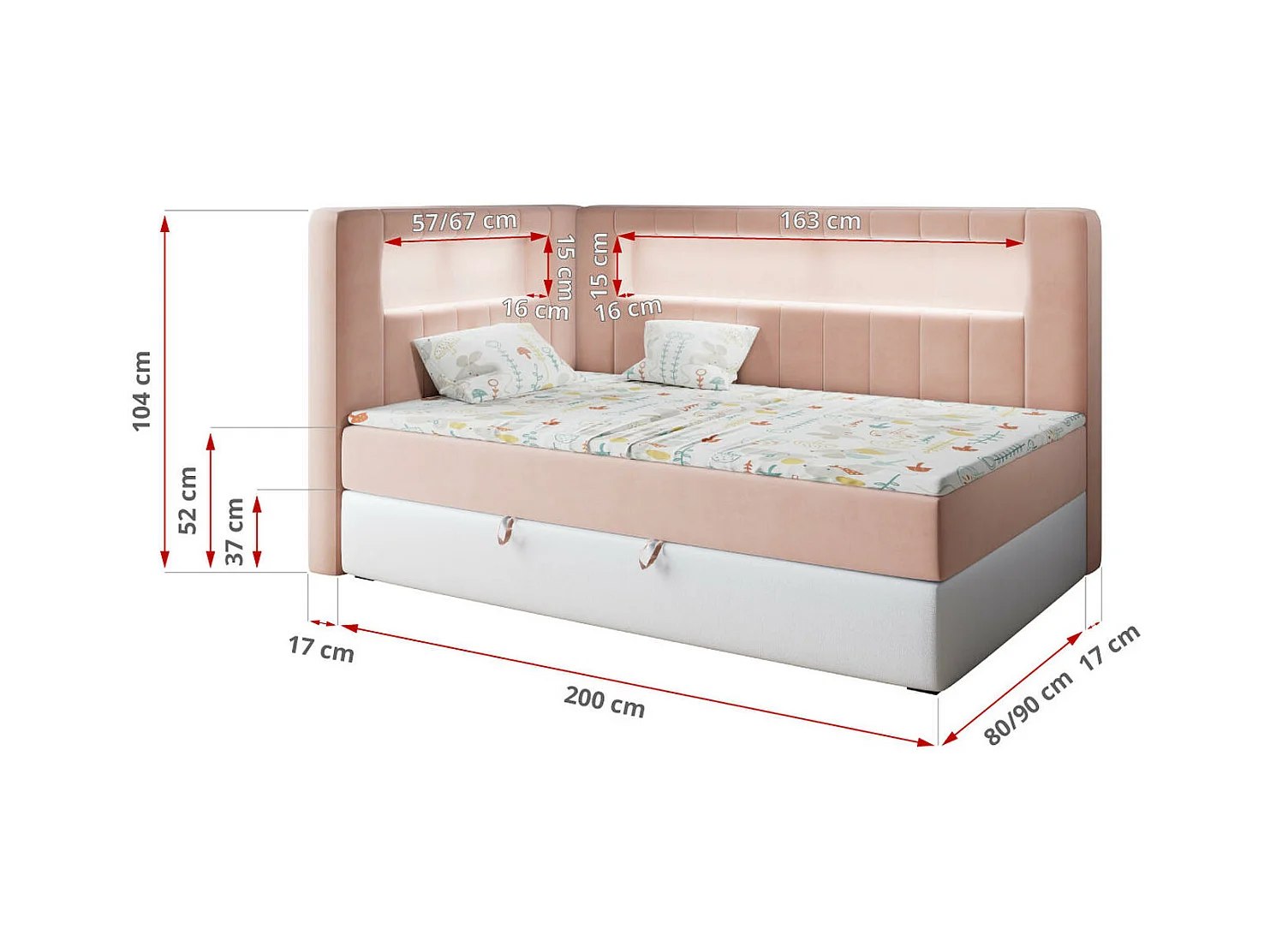 Kinderbett JUNIOR GOLD 3 - Einzelbett mit Matratze, LED-Beleuchtung, Bettkasten - 90x200 cm - Links Seite