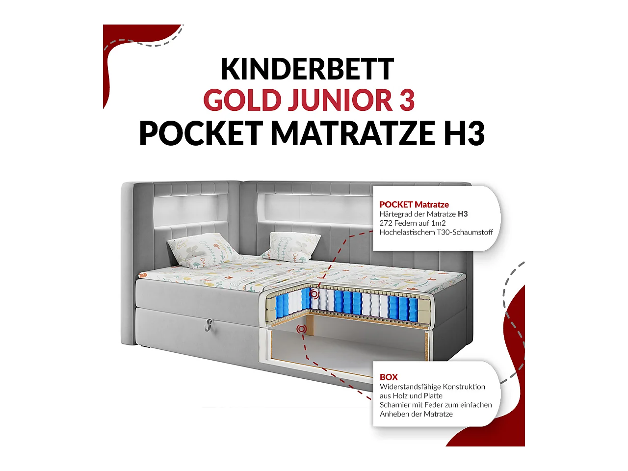 Kinderbett JUNIOR GOLD 3 - Einzelbett mit Matratze, LED-Beleuchtung, Bettkasten - 90x200 cm - Links Seite