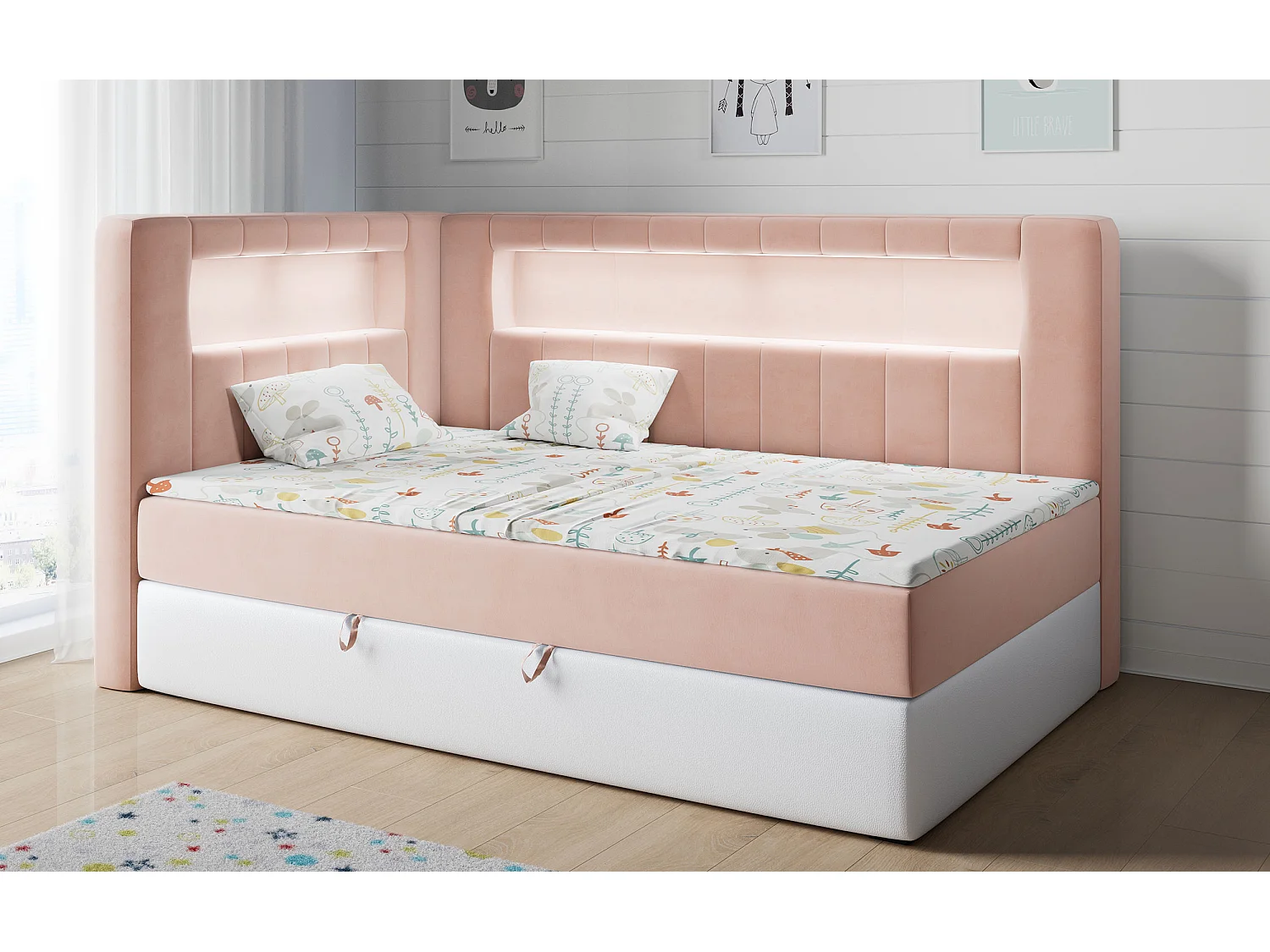 Kinderbett JUNIOR GOLD 3 - Einzelbett mit Matratze, LED-Beleuchtung, Bettkasten - 90x200 cm - Links Seite