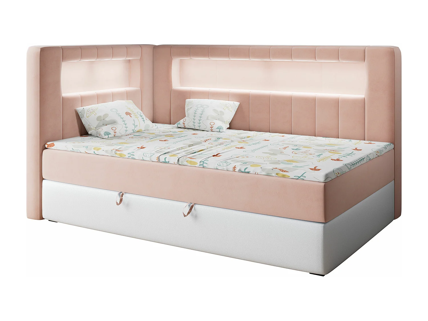 Kinderbett JUNIOR GOLD 3 - Einzelbett mit Matratze, LED-Beleuchtung, Bettkasten - 90x200 cm - Links Seite