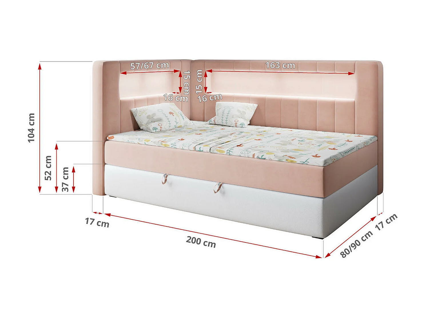 Kinderbett JUNIOR GOLD 3 - Einzelbett mit Matratze, LED-Beleuchtung, Bettkasten - 90x200 cm - Links Seite