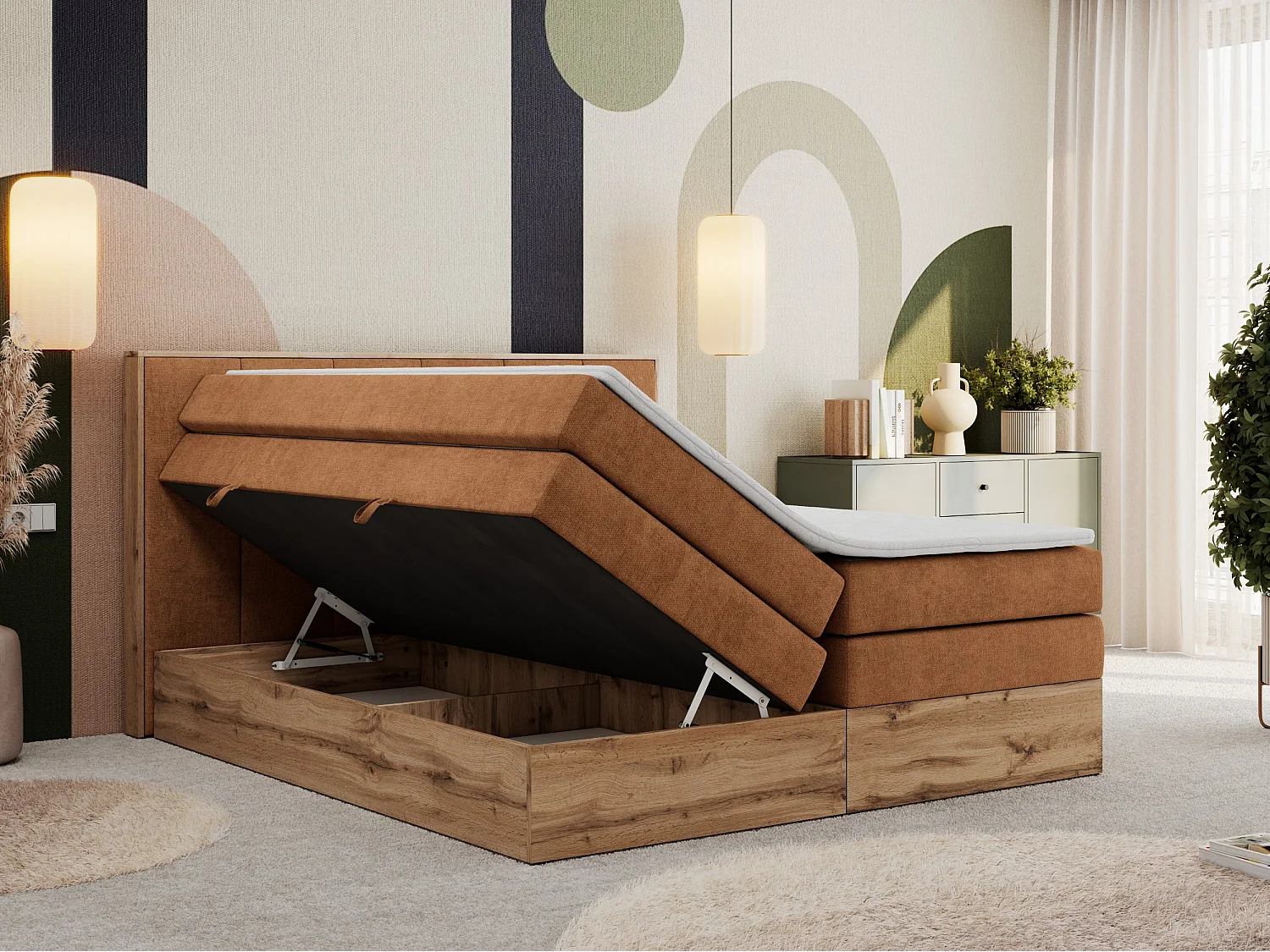 Boxspringbett ALBERO 1 KING - zwei 7 Härtezonen Multipocket-Matratzen, Doppelbett mit Stauraum, Eiche Wotan Holzrahmen - 140x200 cm - H4 - Orange Strukture