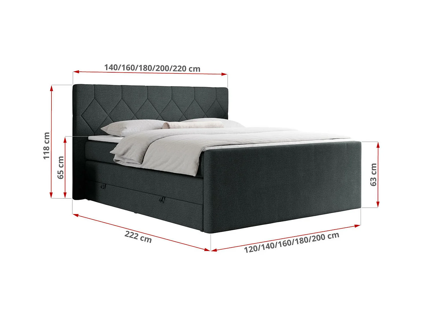 Boxspringbett EIGAR KING - Doppelbett mit genähtem Kopfteil, zwei Multipocket-Matratzen, Polsterbett für Schlafzimmer - 120x200 cm - H4 - Dunkelgrau Strukture