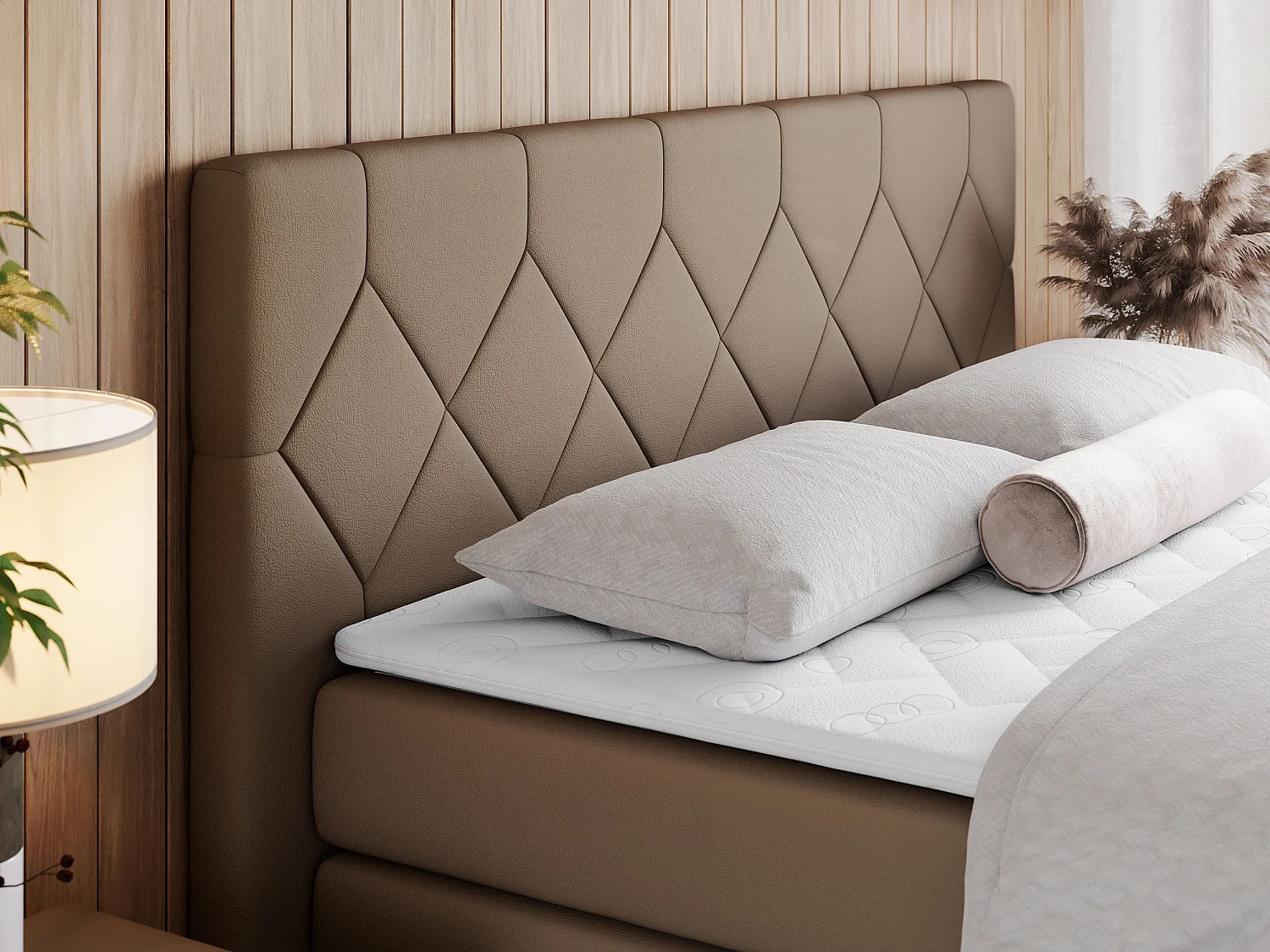 Boxspringbett EIGAR KING - Doppelbett mit genähtem Kopfteil, zwei Multipocket-Matratzen, Polsterbett für Schlafzimmer - 180x200 cm - H3 - Braun Kunstleder