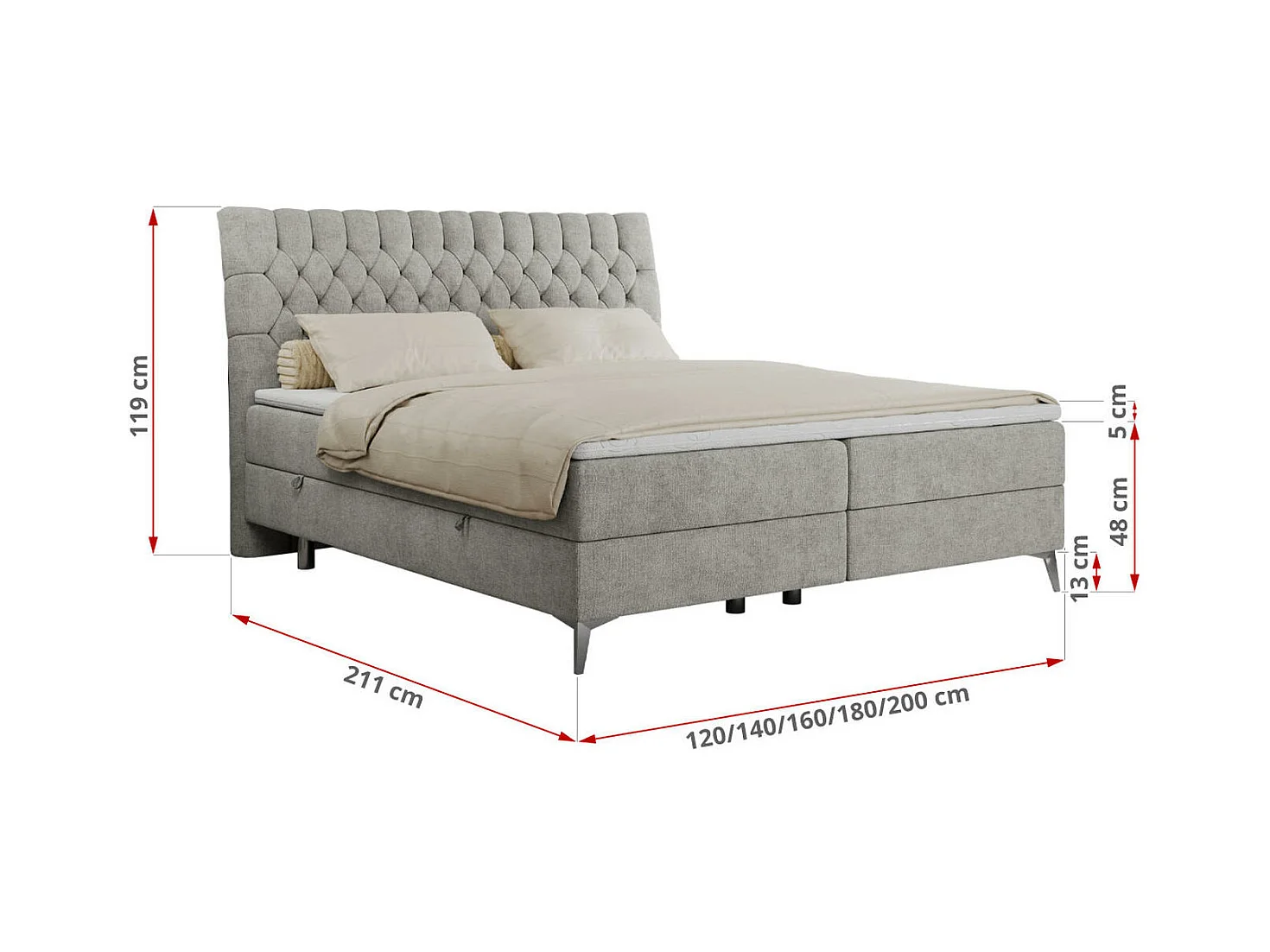Boxspringbett MILEN - gepolstertes Schlafzimmerbett, zwei Multipocket-Matratze, dekorative hohe Beine - 120x200 cm - H3 - Hellgrau Strukture