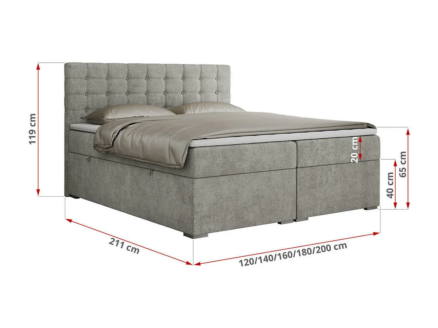 Boxspringbett SUSAN - mit gestepptem Kopfteil, zwei Bettkästen und Topper, gepolstertes Schlafzimmerbett - 120x200 cm - H3 - Hellgrau Stukture