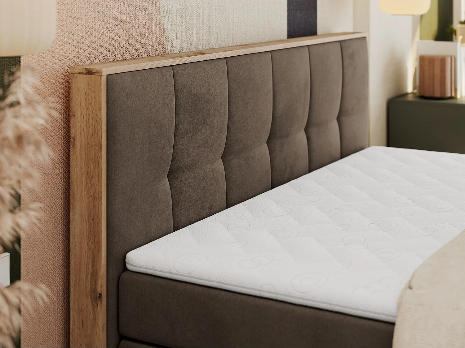 Boxspringbett ALBERO 1 KING - zwei 7 Härtezonen Multipocket-Matratzen, Doppelbett mit Stauraum, Eiche Wotan Holzrahmen - 200x200 cm - H4 - Braun Velvet