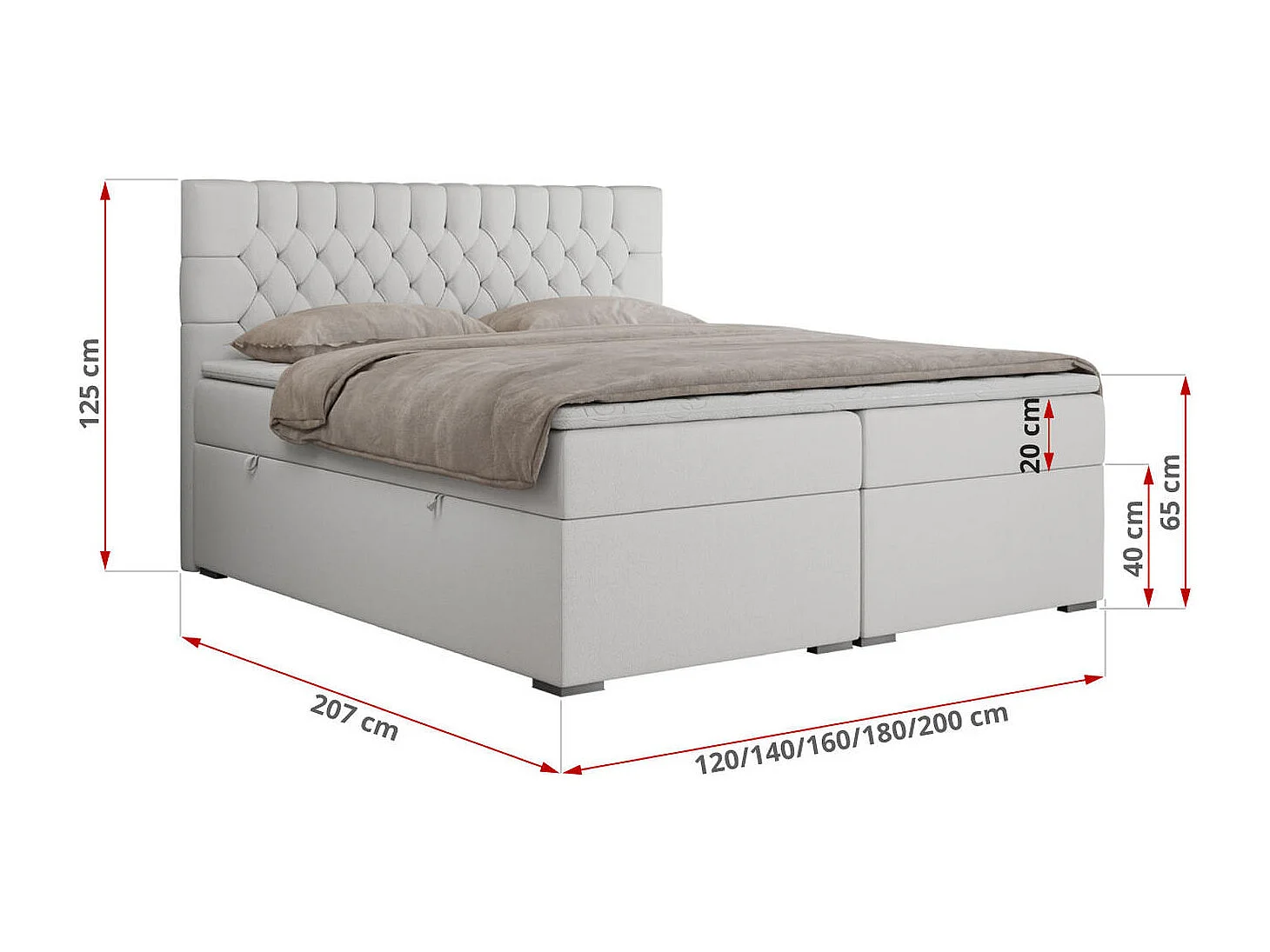 Boxspringbett PERA - gesteppte Kopfstütze, Multipocket-Matratze und Topper, Doppelbett mit Stauraum - 180x200 cm - H3 - Weiß Kunstleder