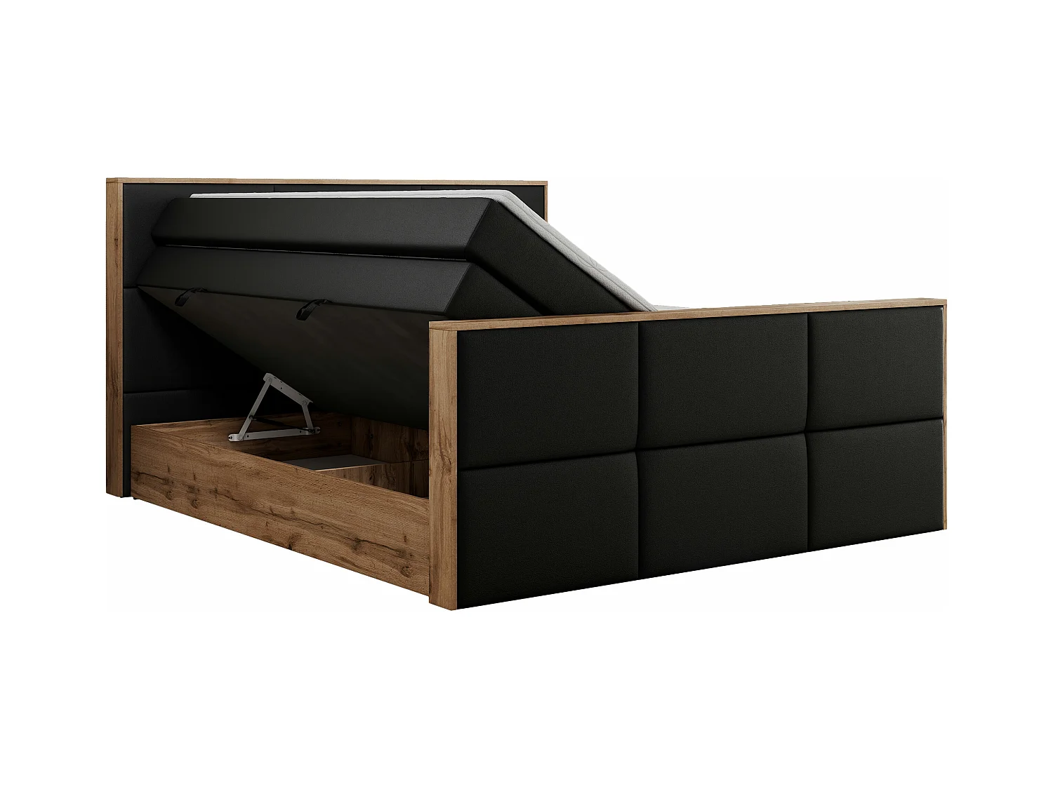 Boxspringbett ALBERO 2 KING DUO - Eiche Wotan Holzrahmen, zwei Multipocket-Matratzen, Bettkästen - 120x200 cm - H3 - Schwarz Kunstleder