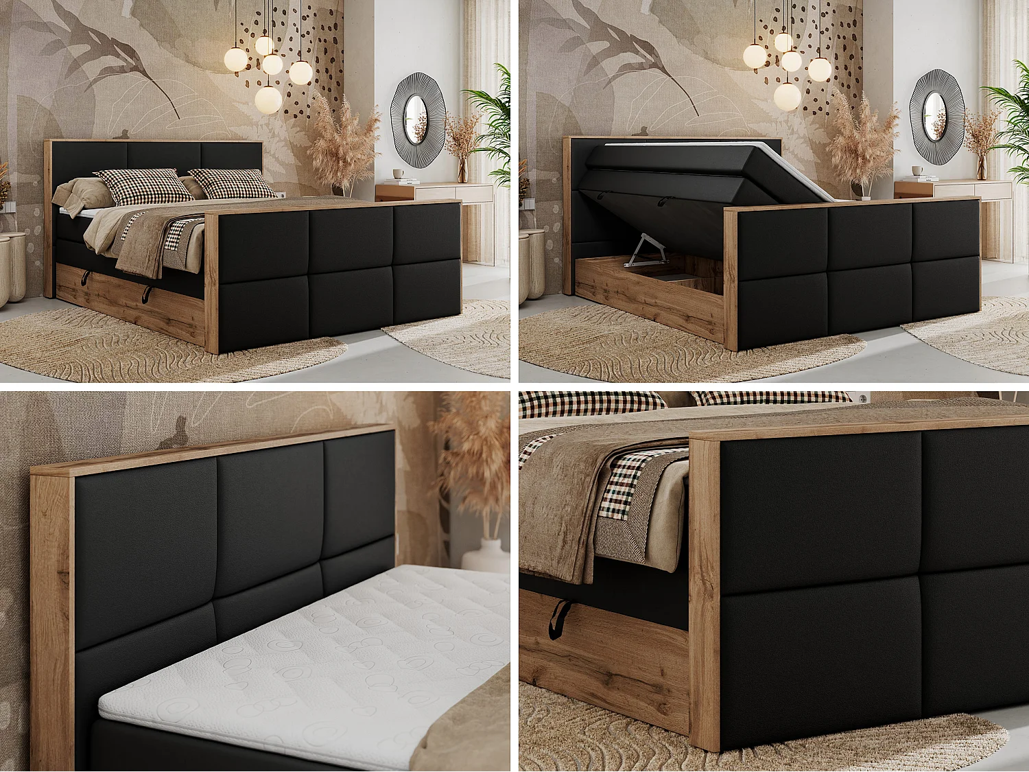 Boxspringbett ALBERO 2 KING DUO - Eiche Wotan Holzrahmen, zwei Multipocket-Matratzen, Bettkästen - 120x200 cm - H3 - Schwarz Kunstleder