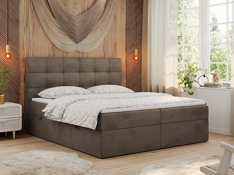Boxspringbett ERNI - mit gestepptem Kopfteil, Polsterbett, Multipocket-Matratze und Topper, Bettkästen - 140x200 cm - H3 - Braun Velvet