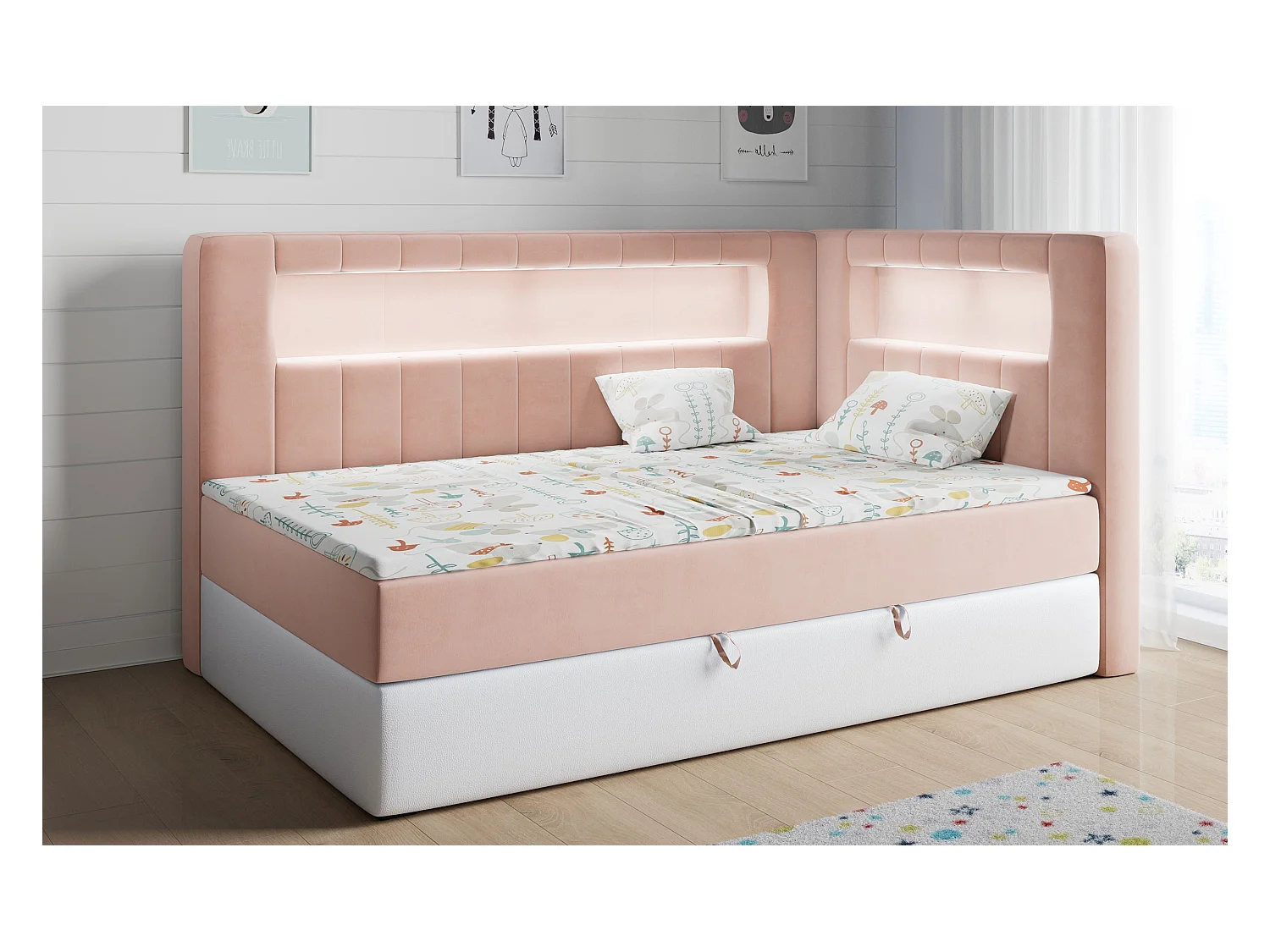 Kinderbett JUNIOR GOLD 3 - Einzelbett mit Matratze, LED-Beleuchtung, Bettkasten - 90x200 cm - Rechts Seite