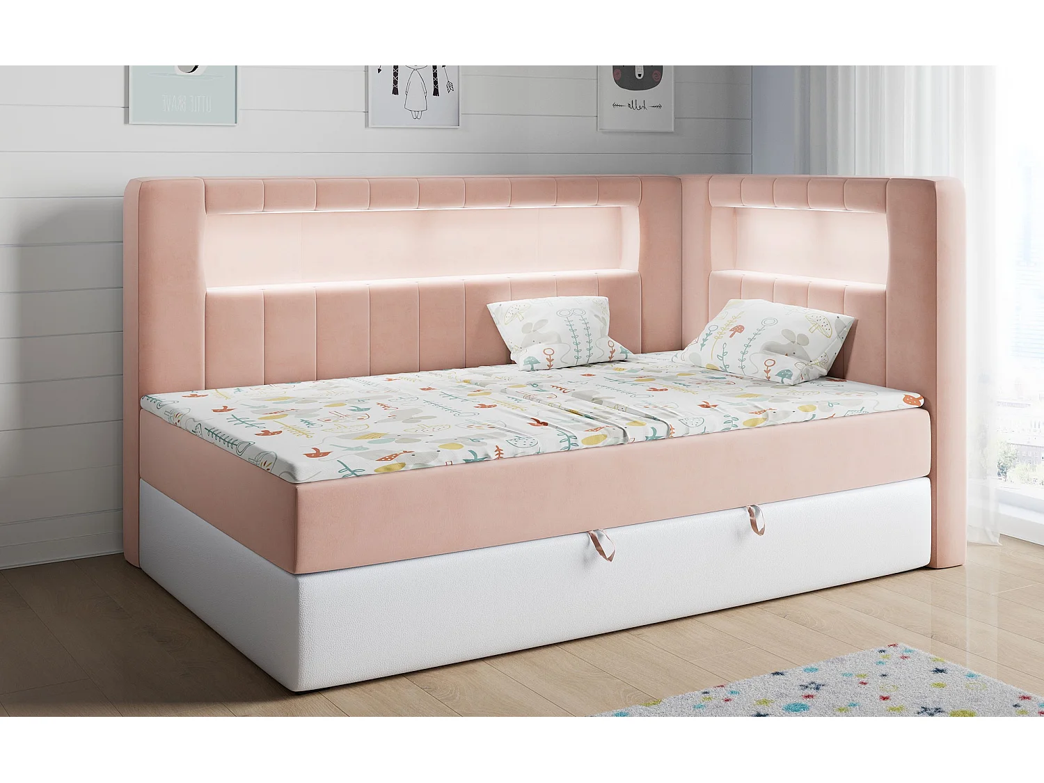 Kinderbett JUNIOR GOLD 3 - Einzelbett mit Matratze, LED-Beleuchtung, Bettkasten - 90x200 cm - Rechts Seite