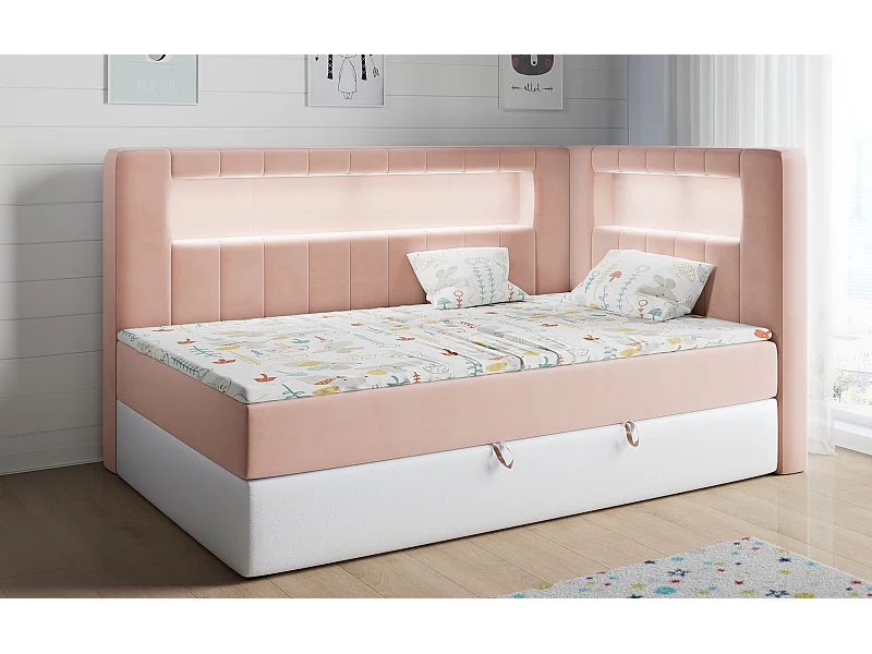 Kinderbett JUNIOR GOLD 3 - Einzelbett mit Matratze, LED-Beleuchtung, Bettkasten - 90x200 cm - Rechts Seite