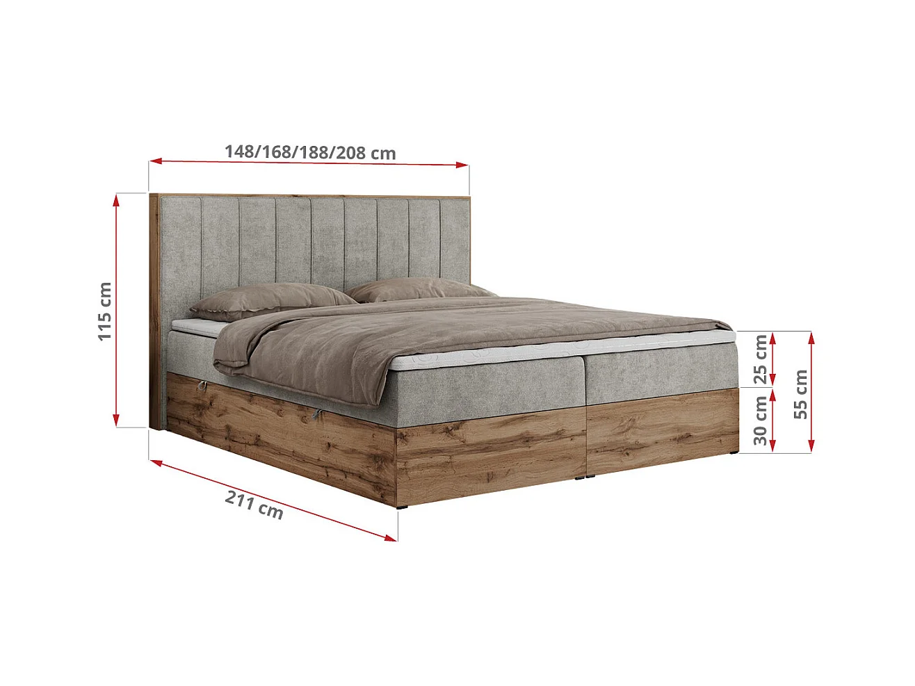 Boxspringbett BELLISSIMO - mit gestepptem Kopfteil, Polsterbett mit zwei Bettkästen, Multipocket-Matratze - 160x200 cm - H4 - Hellgrau Strukture