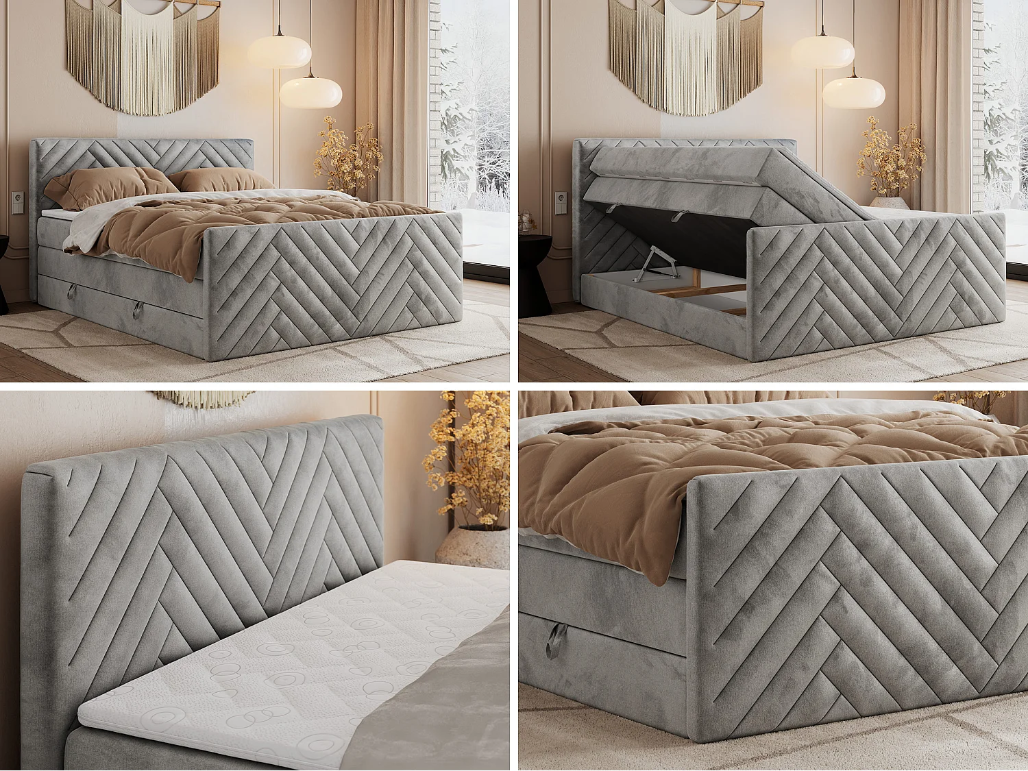 Boxspringbett PARIS KING DUO - dekorative Kopfstütze und Front, zwei Multipocket-Matratze mit Topper - 160x200 cm - H3 - Hellgrau Velvet