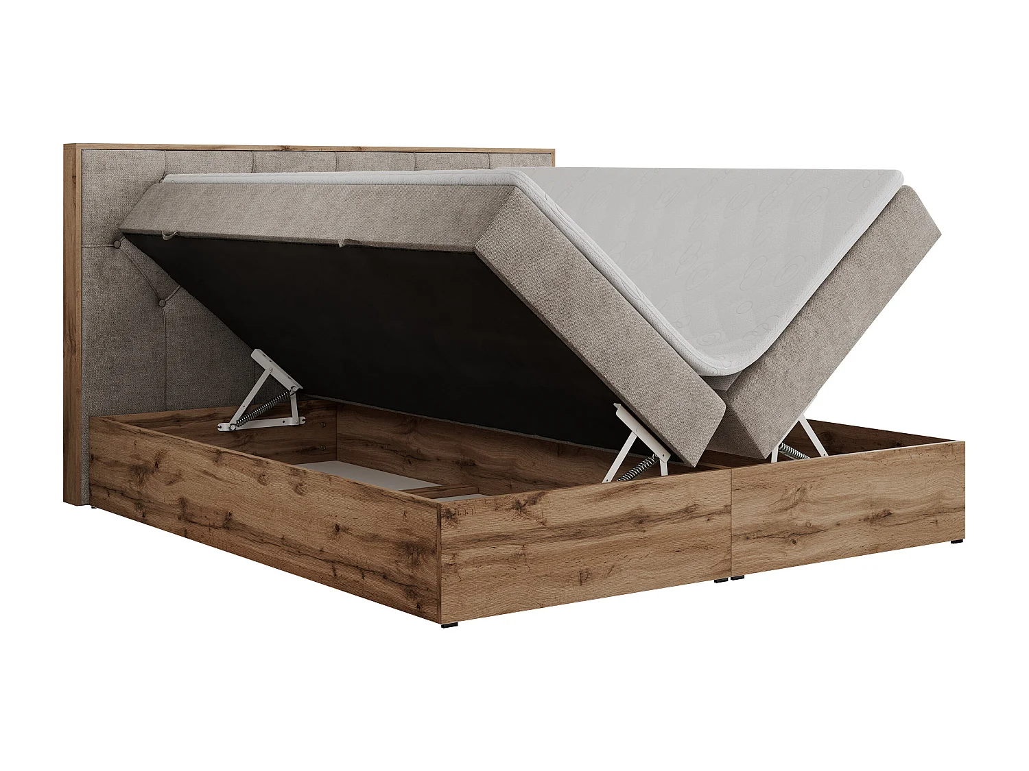 Boxspringbett VENETO - gestepptem Kopfteil, Set mit Multipocket-Matratze und Topper, Holzrahmen, zwei Bettkästen - 160x200 cm - H3 - Beige Strukture