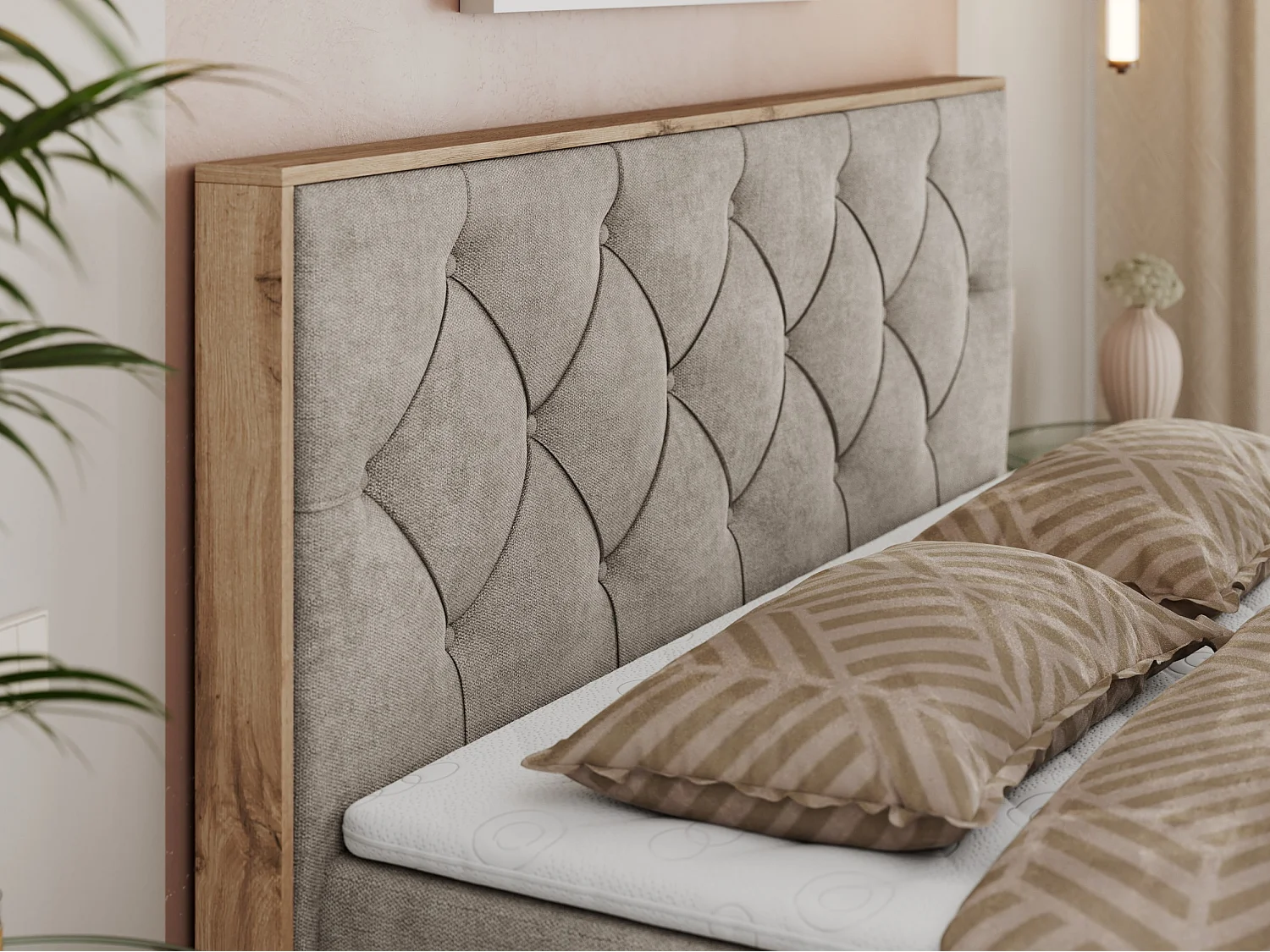 Boxspringbett VENETO - gestepptem Kopfteil, Set mit Multipocket-Matratze und Topper, Holzrahmen, zwei Bettkästen - 160x200 cm - H3 - Beige Strukture