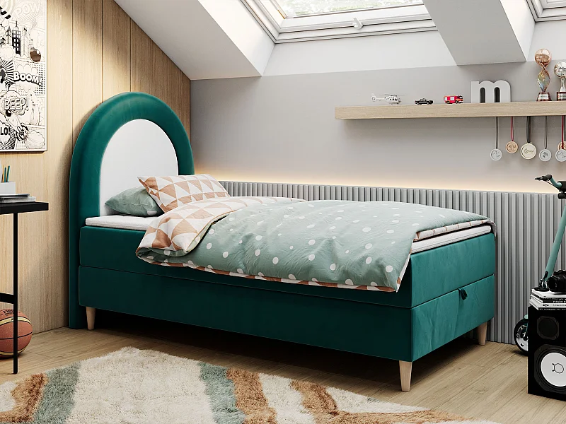 Kinderbett NEST - Boxspringbett für Kinder, mit hohem Kopfteil, Einzelbett mit Stauraum und Matratze - 90x180 cm - Dunkelgrün Velvet
