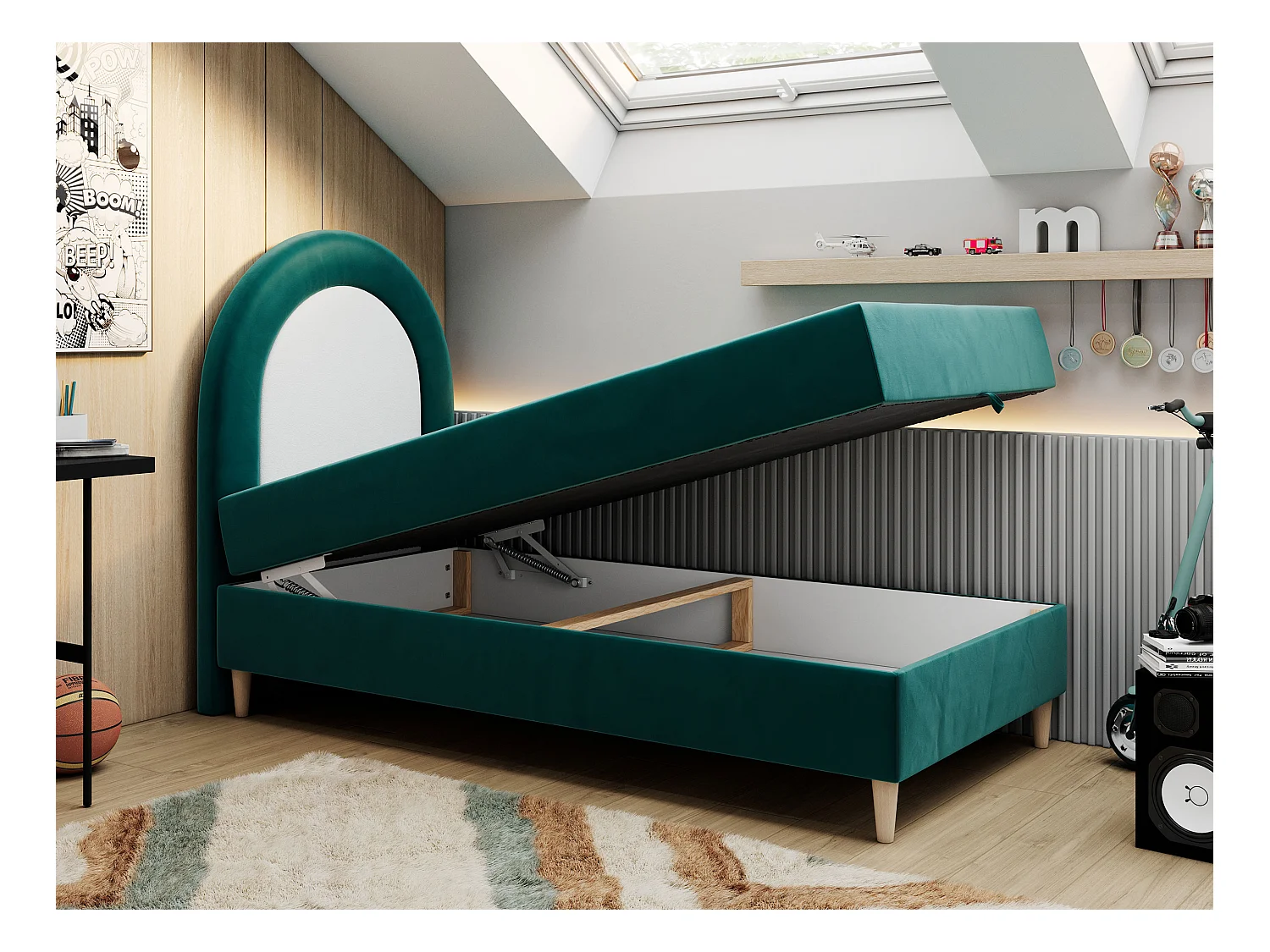 Kinderbett NEST - Boxspringbett für Kinder, mit hohem Kopfteil, Einzelbett mit Stauraum und Matratze - 90x180 cm - Dunkelgrün Velvet