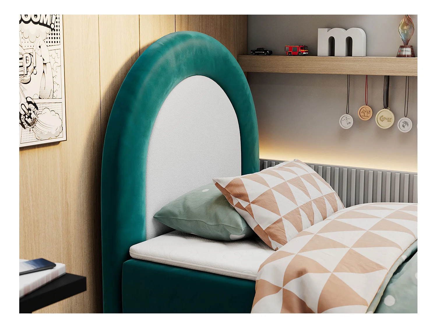 Kinderbett NEST - Boxspringbett für Kinder, mit hohem Kopfteil, Einzelbett mit Stauraum und Matratze - 90x180 cm - Dunkelgrün Velvet