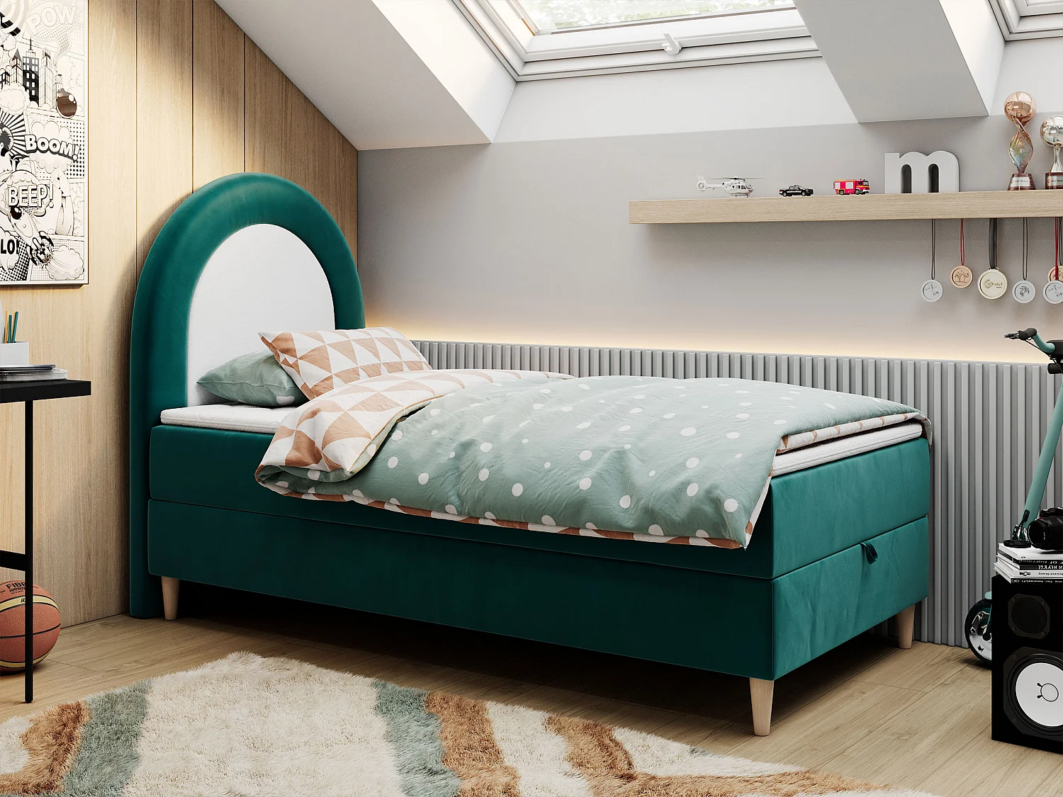 Kinderbett NEST - Boxspringbett für Kinder, mit hohem Kopfteil, Einzelbett mit Stauraum und Matratze - 90x180 cm - Dunkelgrün Velvet