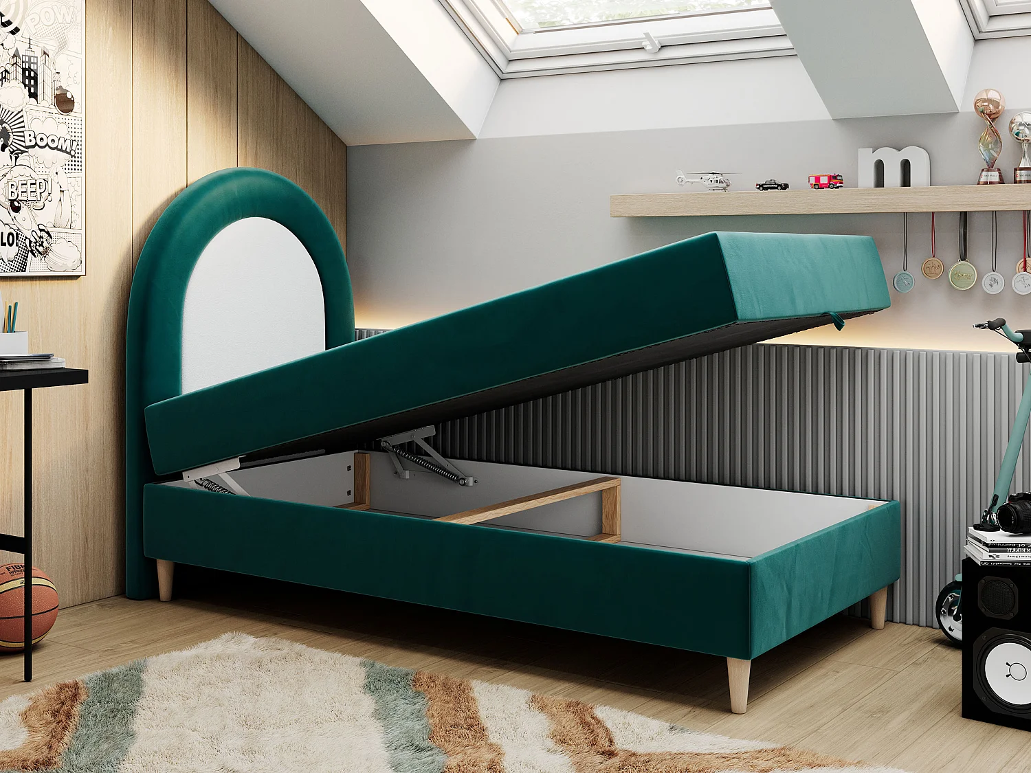 Kinderbett NEST - Boxspringbett für Kinder, mit hohem Kopfteil, Einzelbett mit Stauraum und Matratze - 90x180 cm - Dunkelgrün Velvet