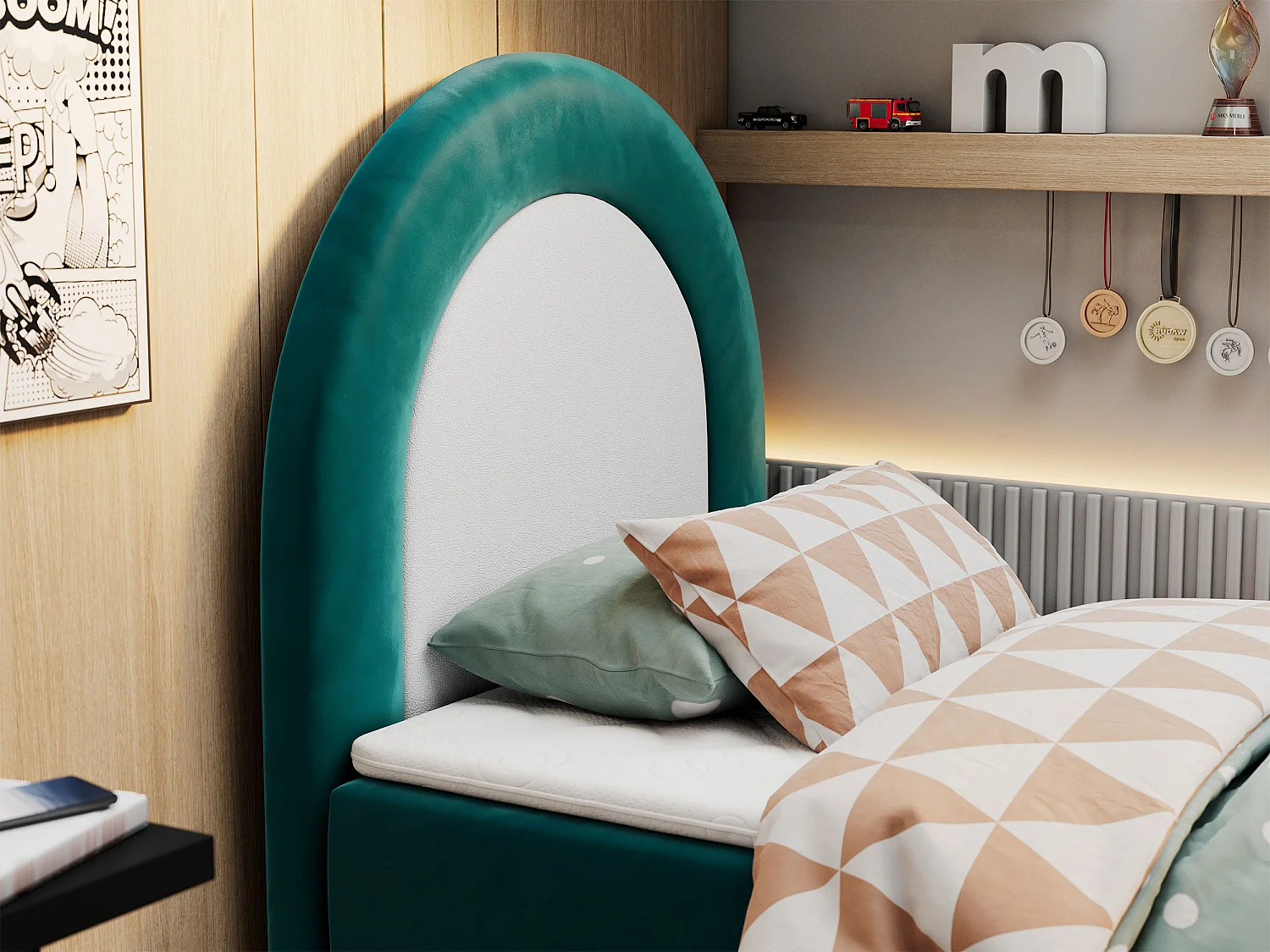 Kinderbett NEST - Boxspringbett für Kinder, mit hohem Kopfteil, Einzelbett mit Stauraum und Matratze - 90x180 cm - Dunkelgrün Velvet