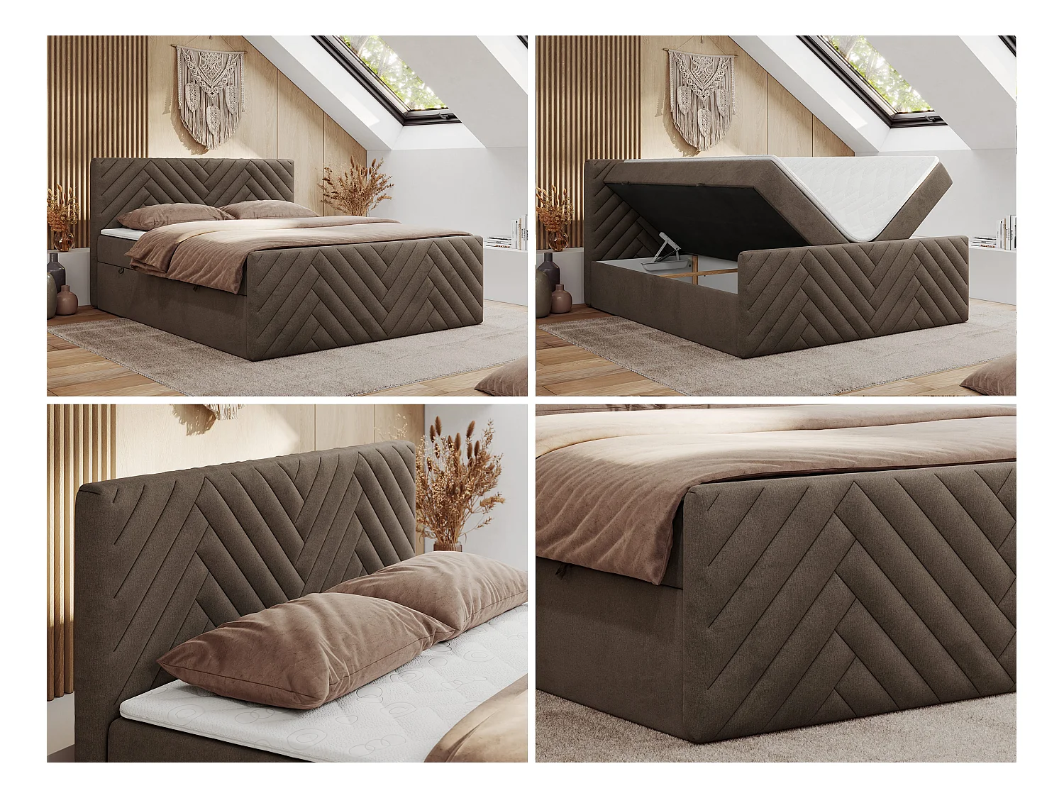 Boxspringbett PARIS DUO - Polsterbett mit genähtem Kopfteil und Frontplatte, Doppelbett, zwei Bettkästen - 140x200 cm - H4 - Braun Velvet