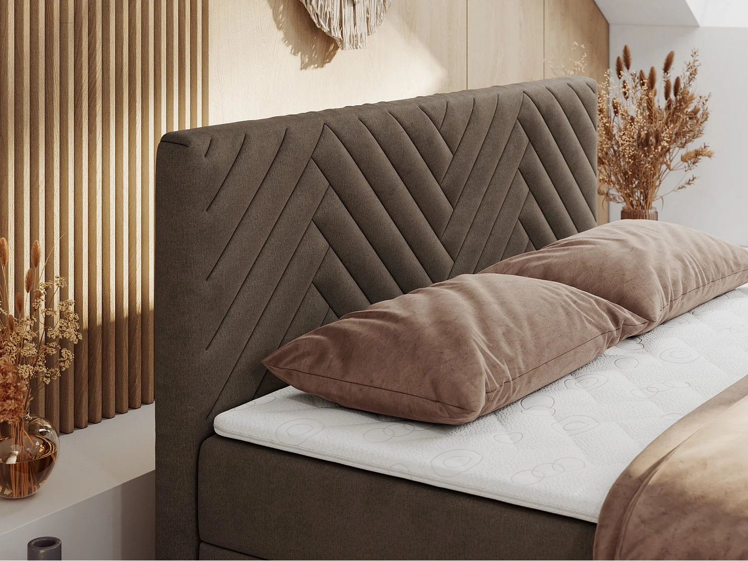 Boxspringbett PARIS DUO - Polsterbett mit genähtem Kopfteil und Frontplatte, Doppelbett, zwei Bettkästen - 140x200 cm - H4 - Braun Velvet